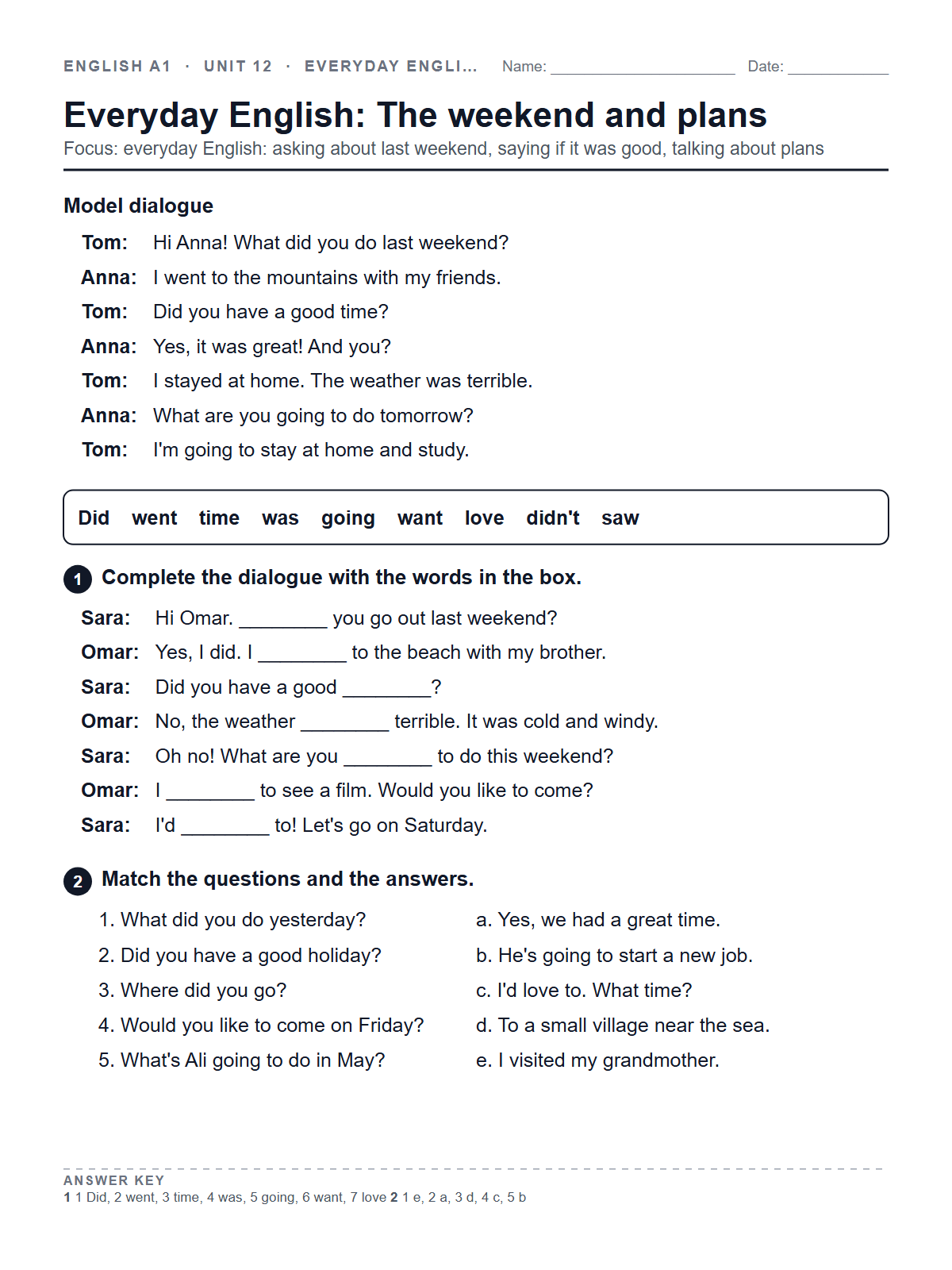 Everyday English: The weekend and plans — printable worksheet