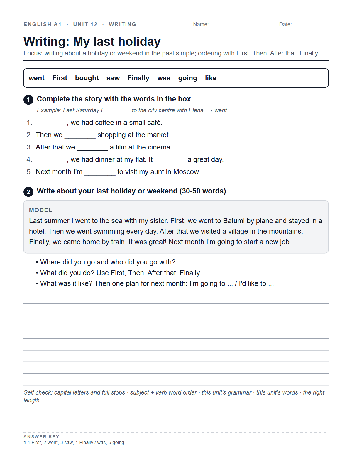 Writing: My last holiday — printable worksheet