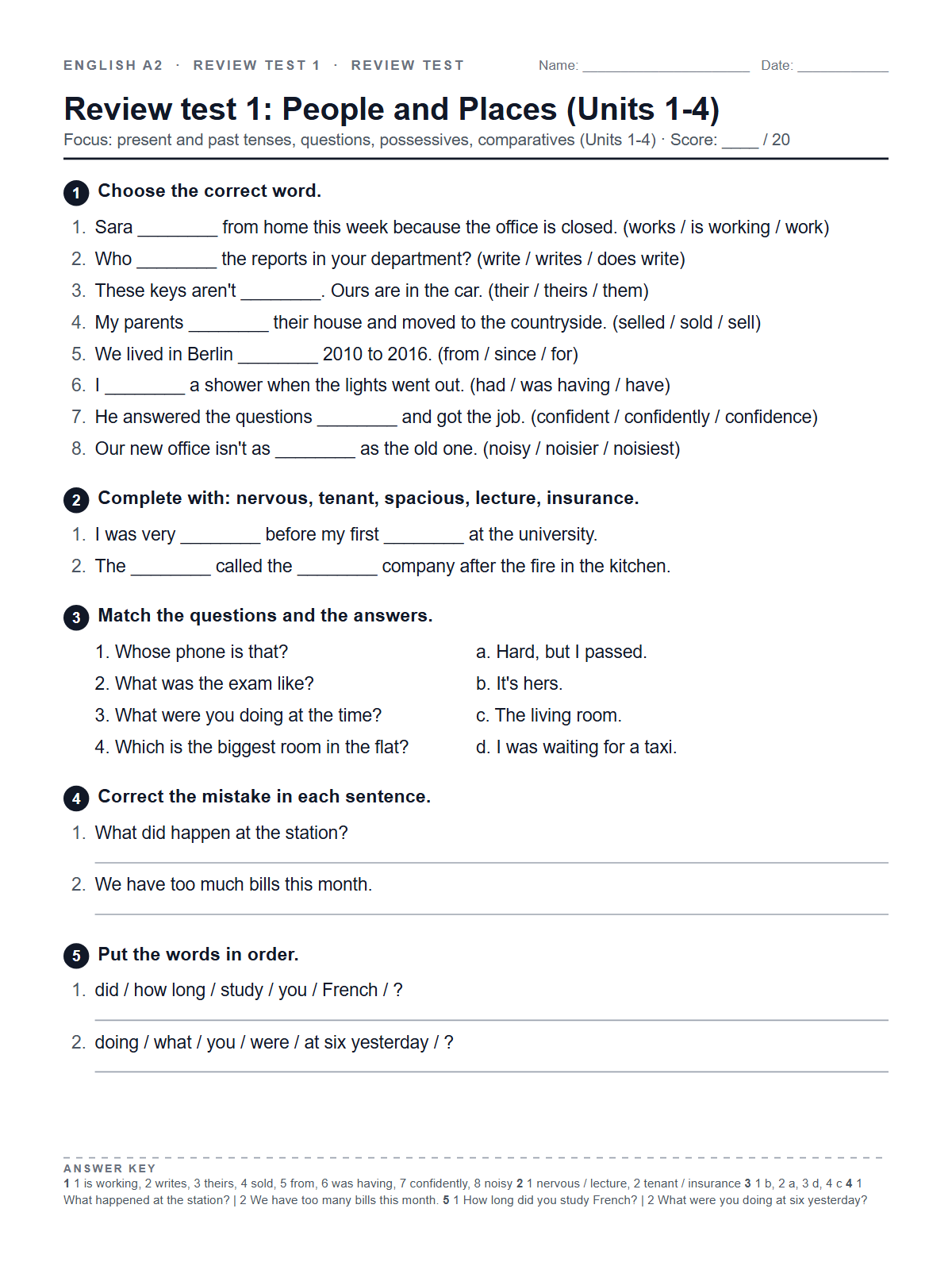 Review test 1: People and Places (Units 1-4) — printable worksheet