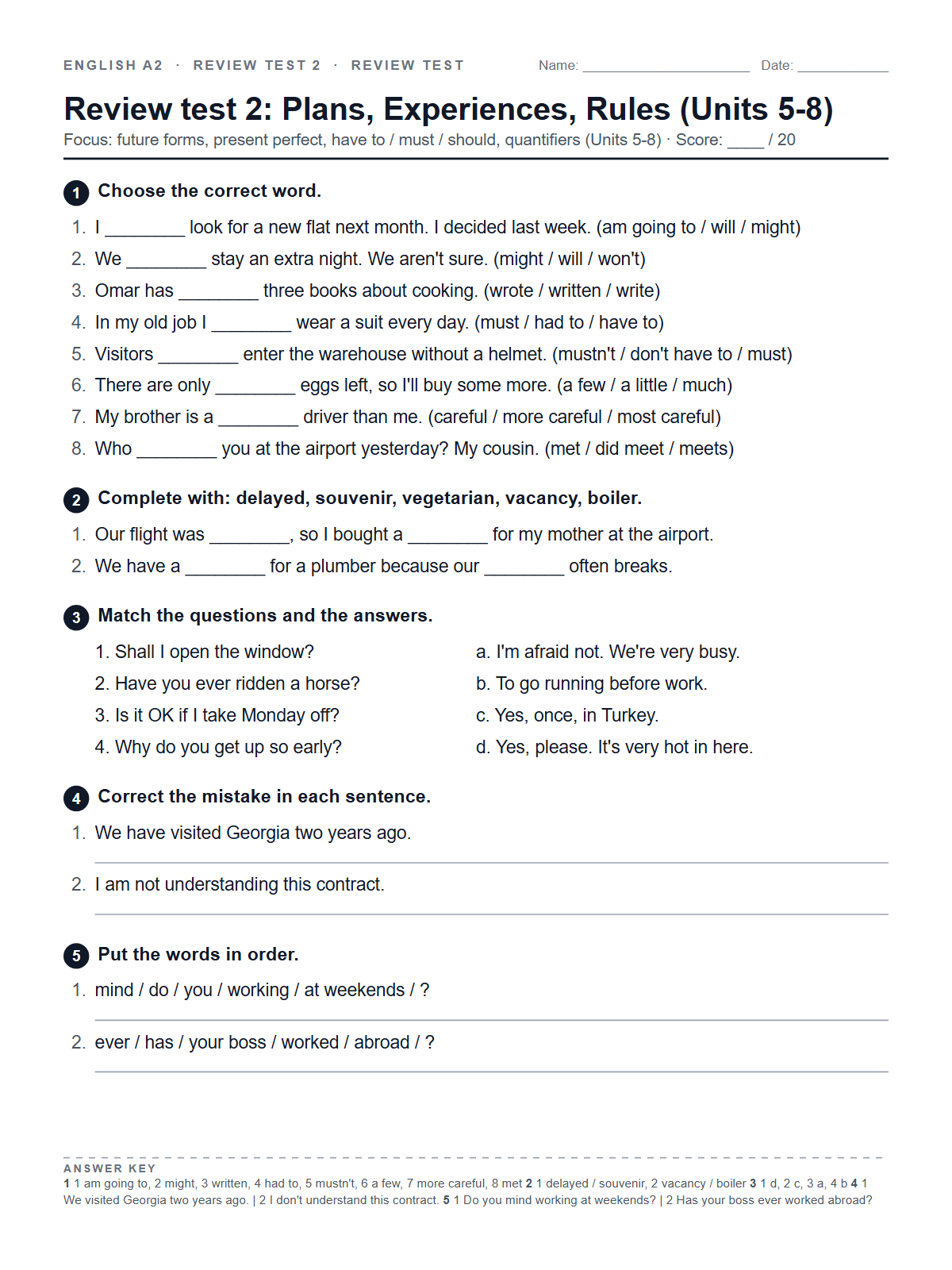 Review test 2: Plans, Experiences, Rules (Units 5-8) — printable worksheet