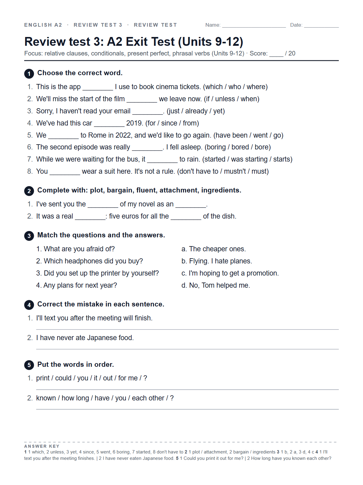 Review test 3: A2 Exit Test (Units 9-12) — printable worksheet
