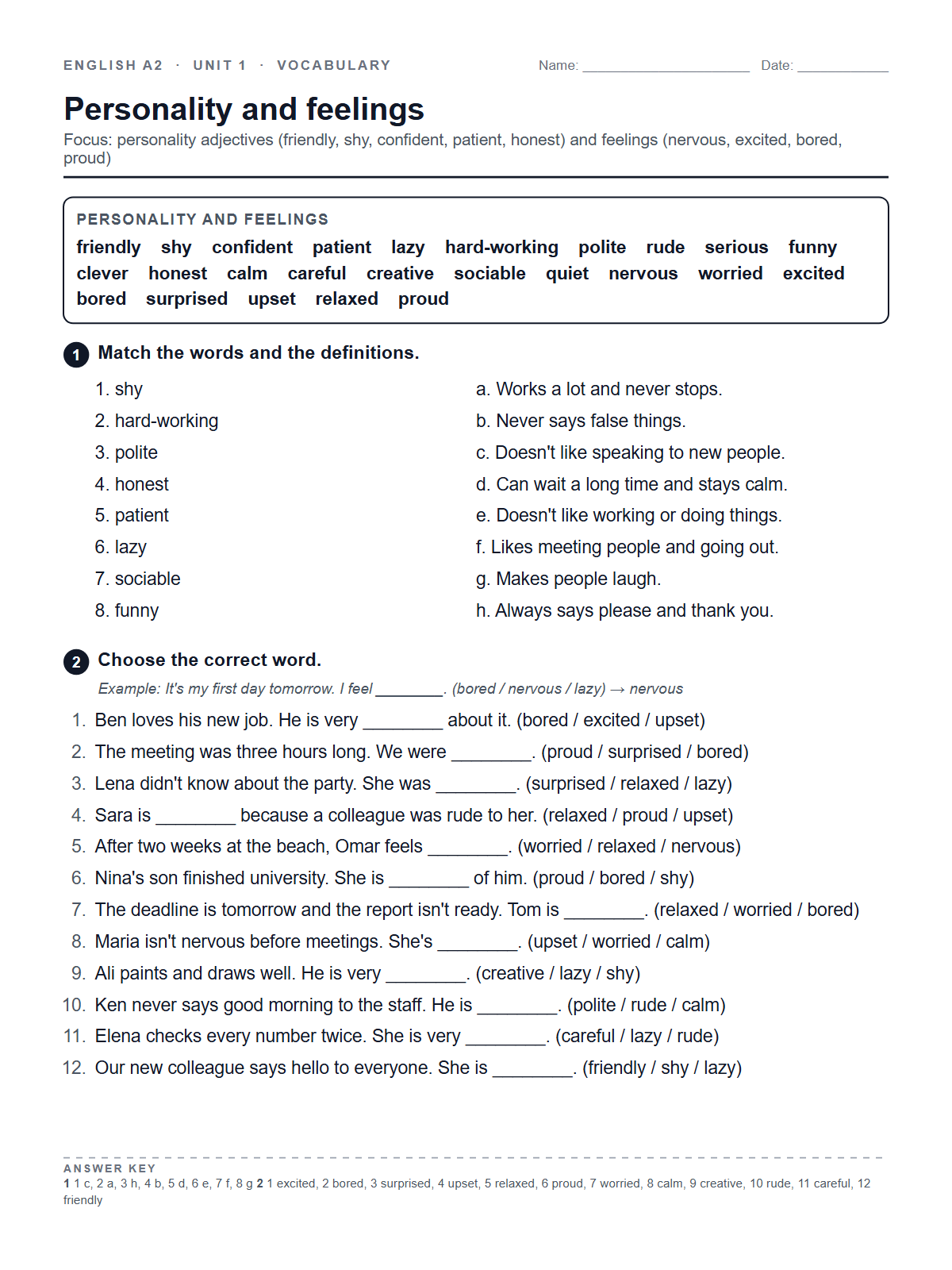 Personality and feelings — printable worksheet