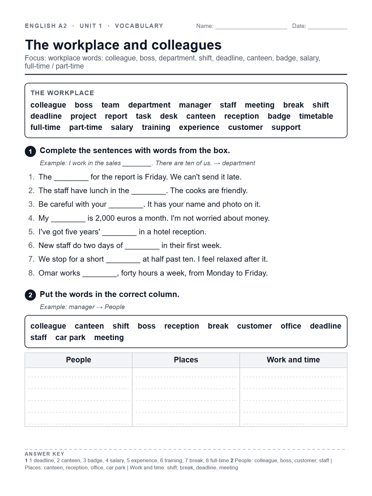 The workplace and colleagues — printable worksheet