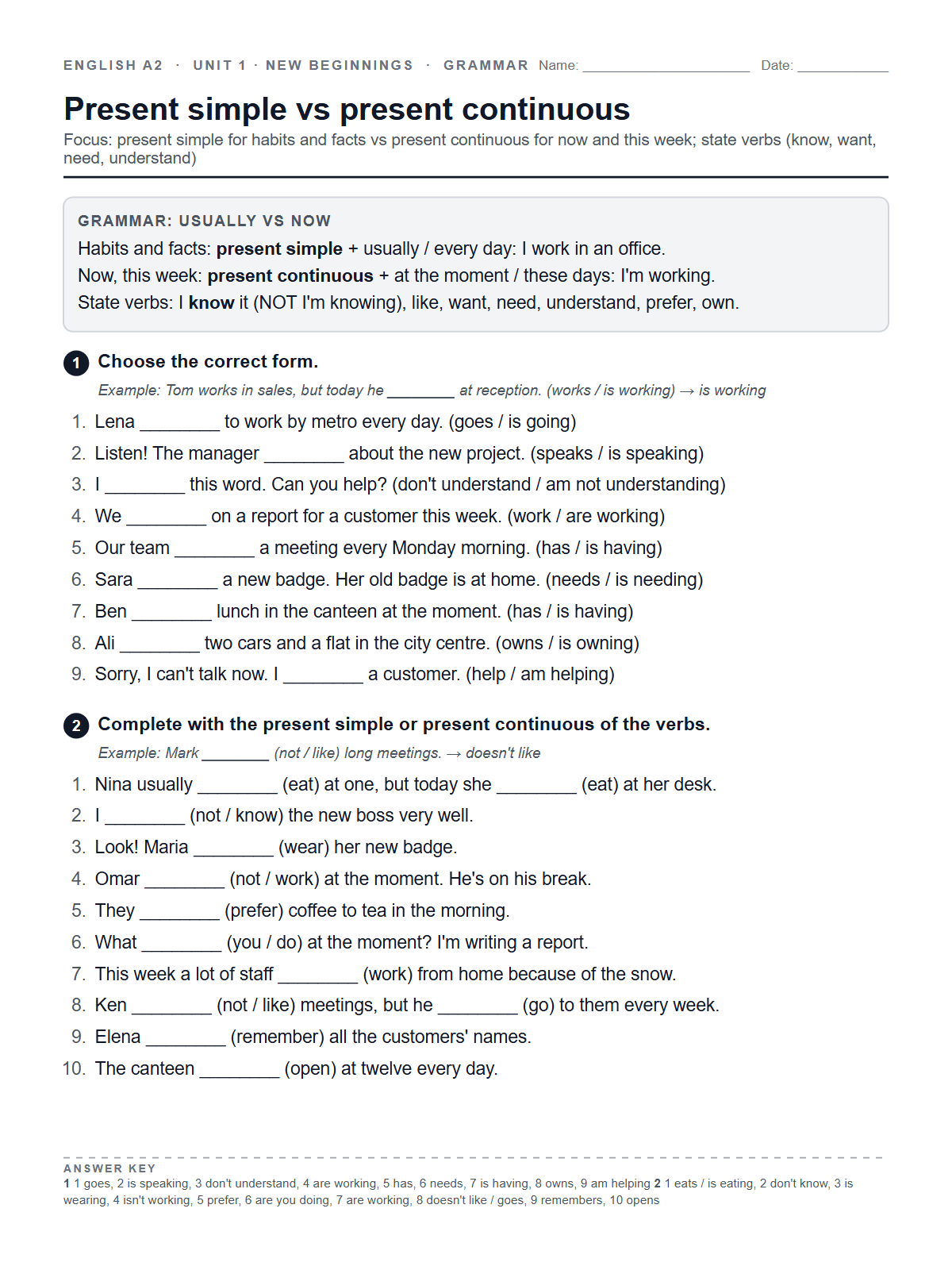 Present simple vs present continuous — printable worksheet