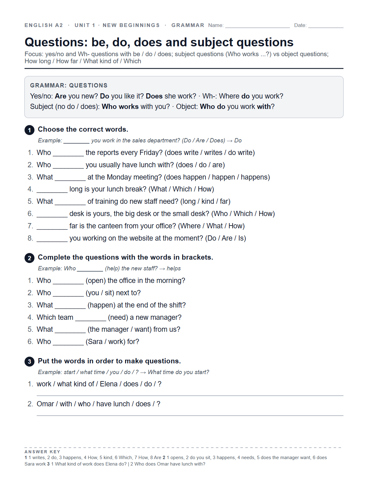 Questions: be, do, does and subject questions — printable worksheet