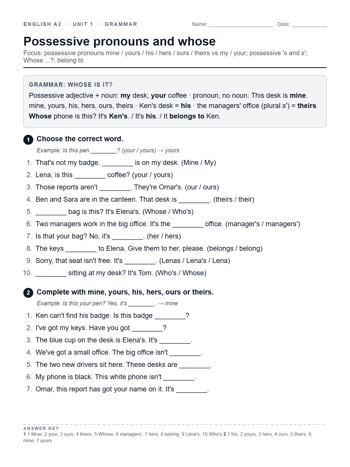 Possessive pronouns and whose — printable worksheet