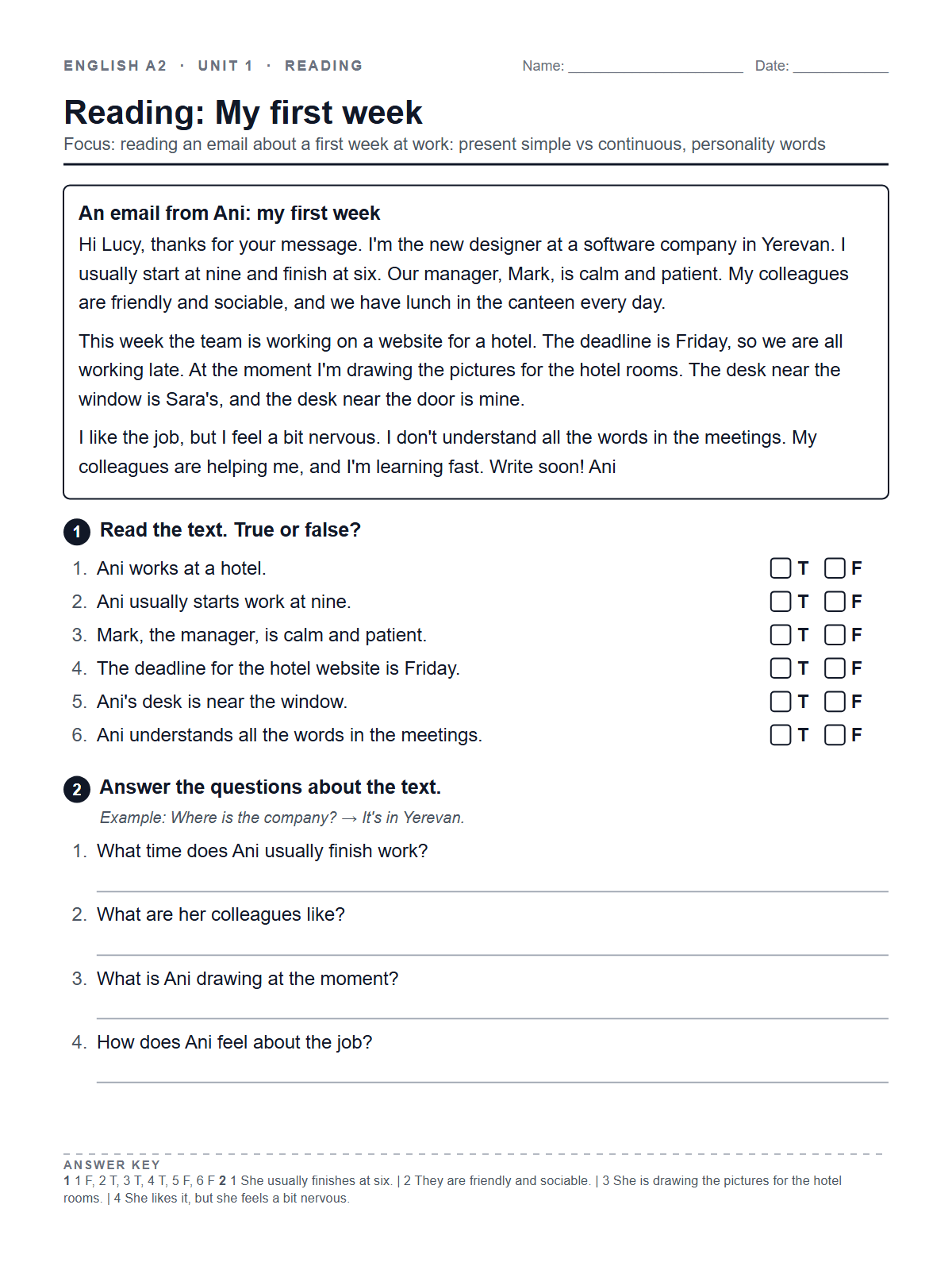 Reading: My first week — printable worksheet