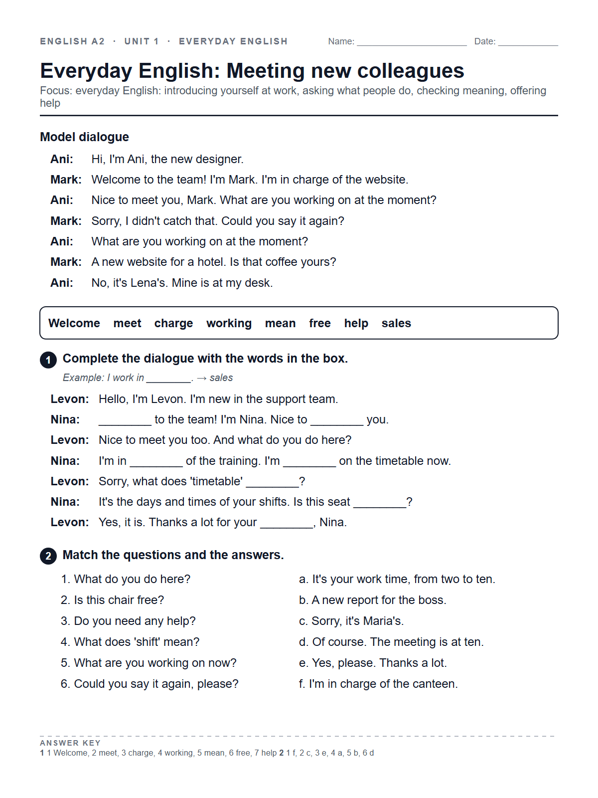 Everyday English: Meeting new colleagues — printable worksheet