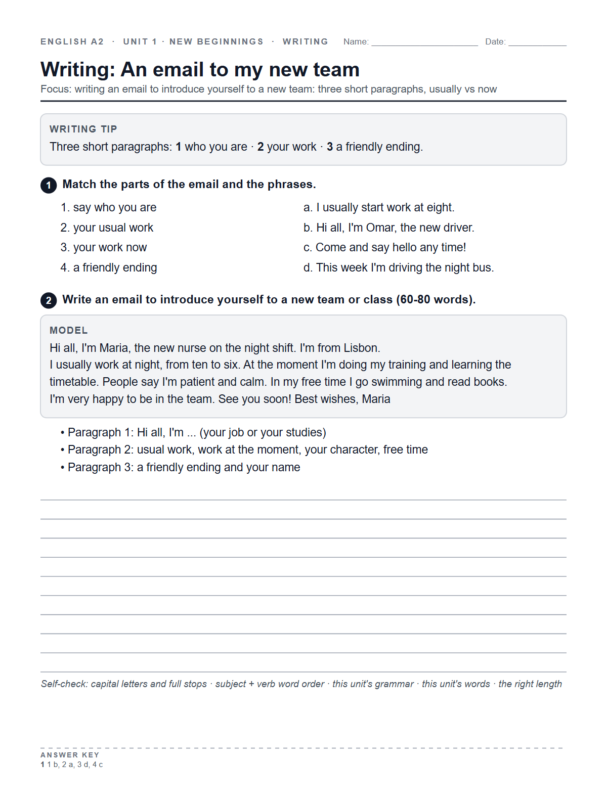 Writing: An email to my new team — printable worksheet