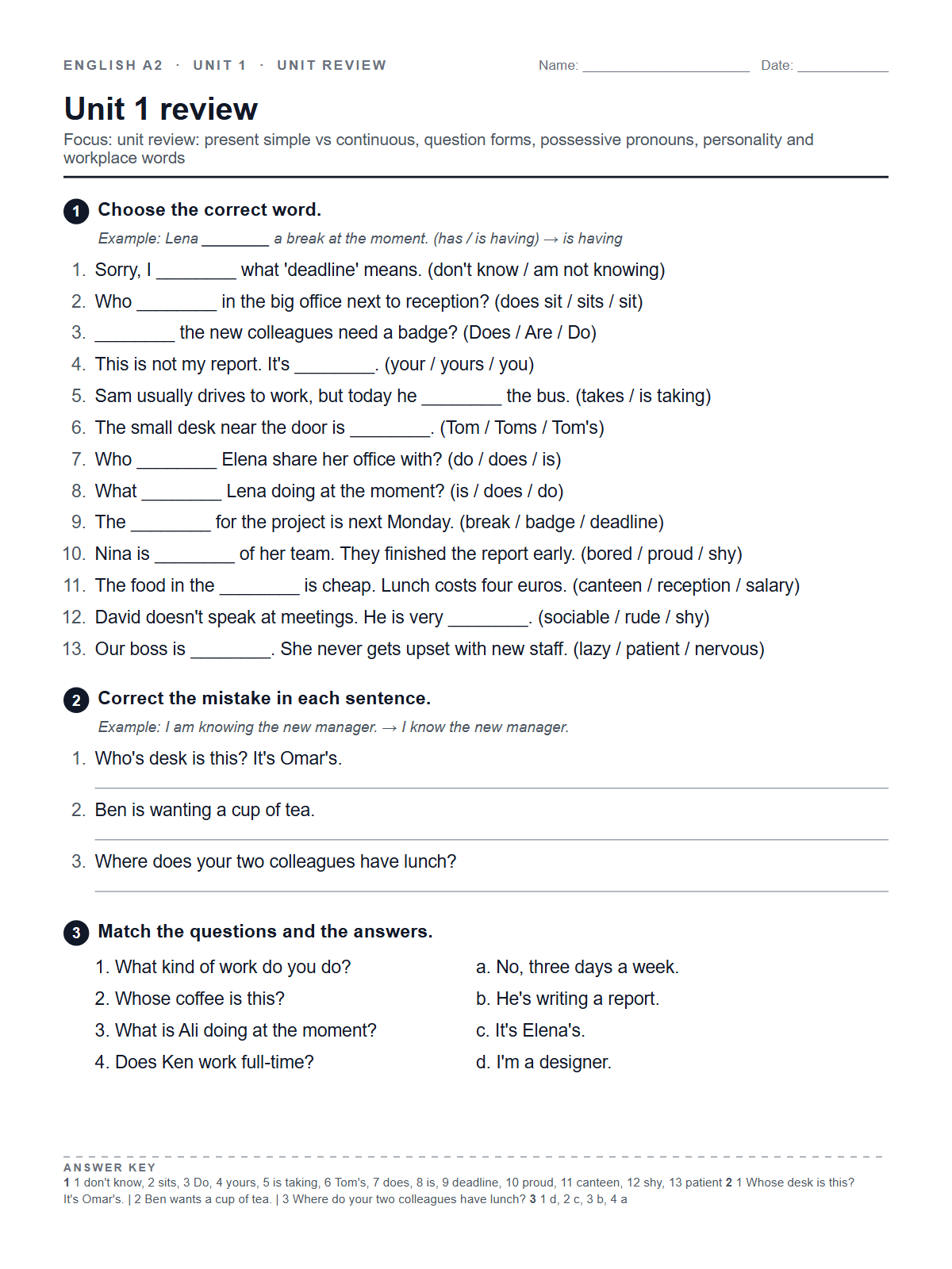 Unit 1 review — printable worksheet