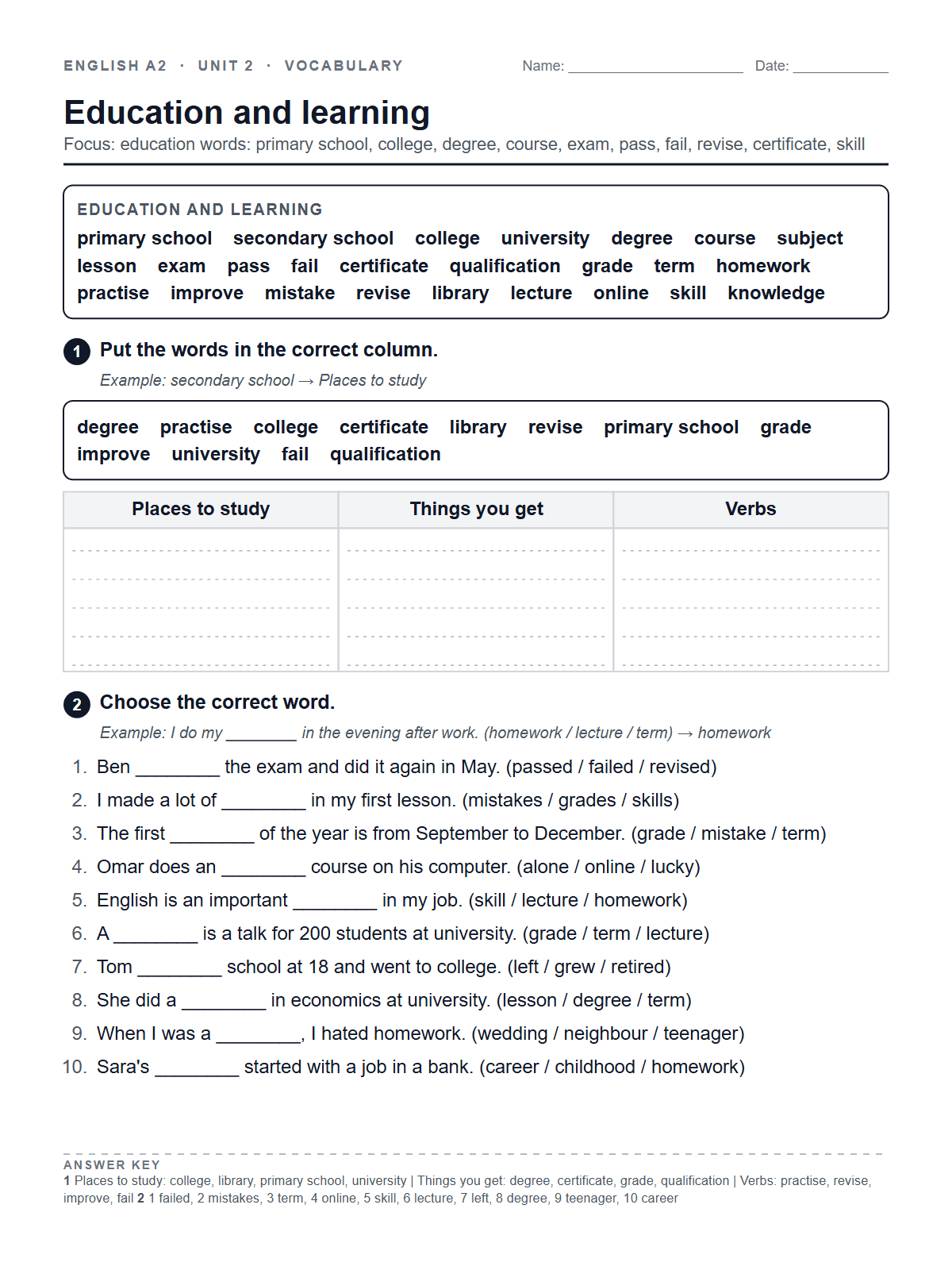 Education and learning — printable worksheet