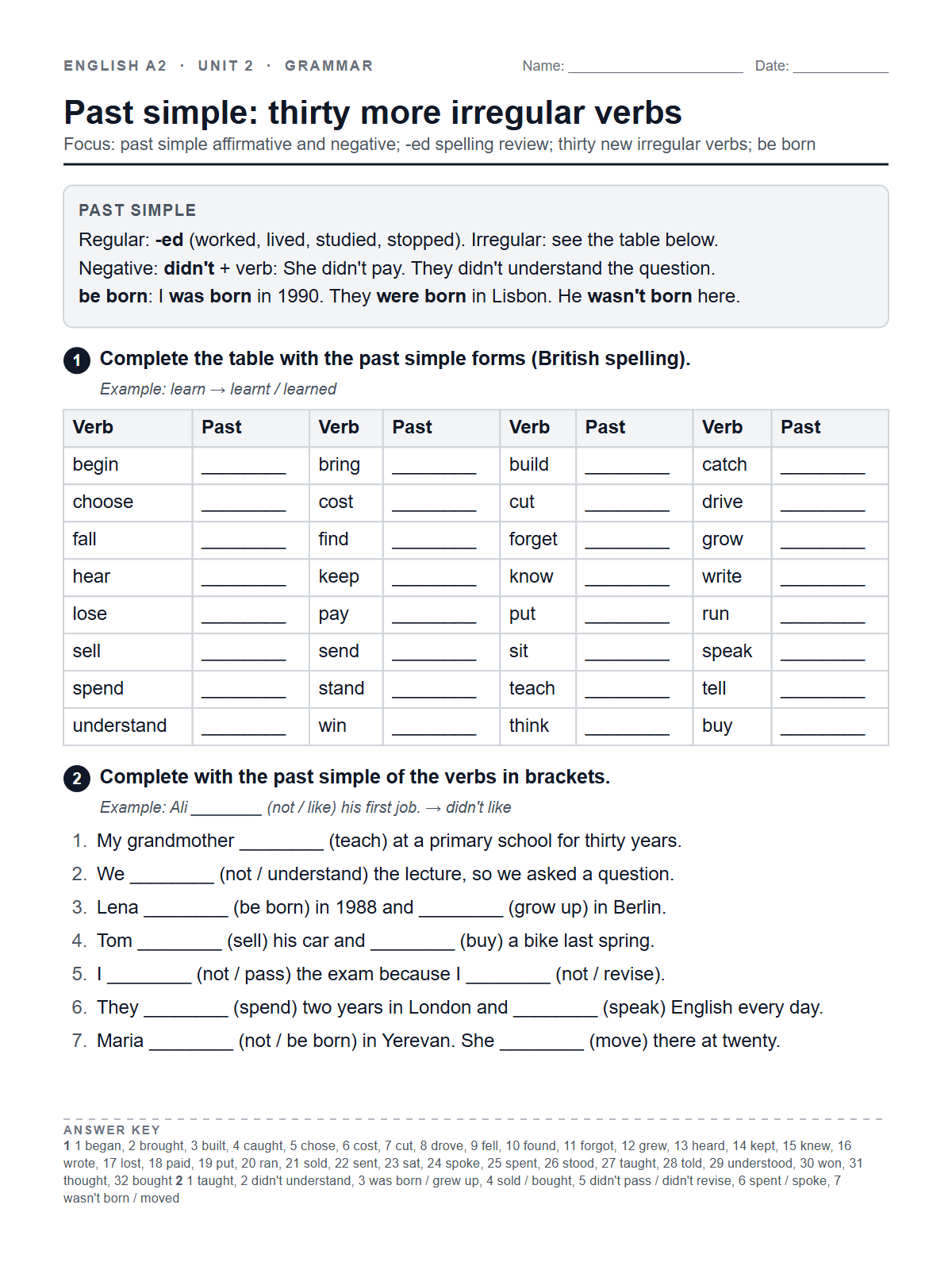 Past simple: thirty more irregular verbs — printable worksheet