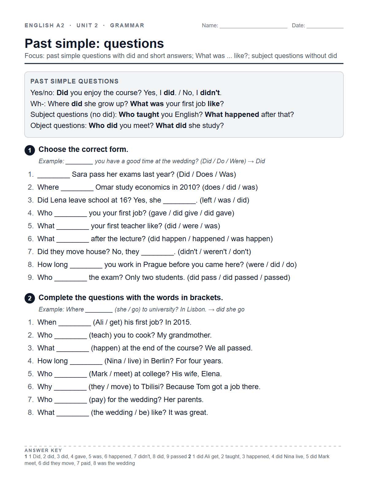 Past simple: questions — printable worksheet