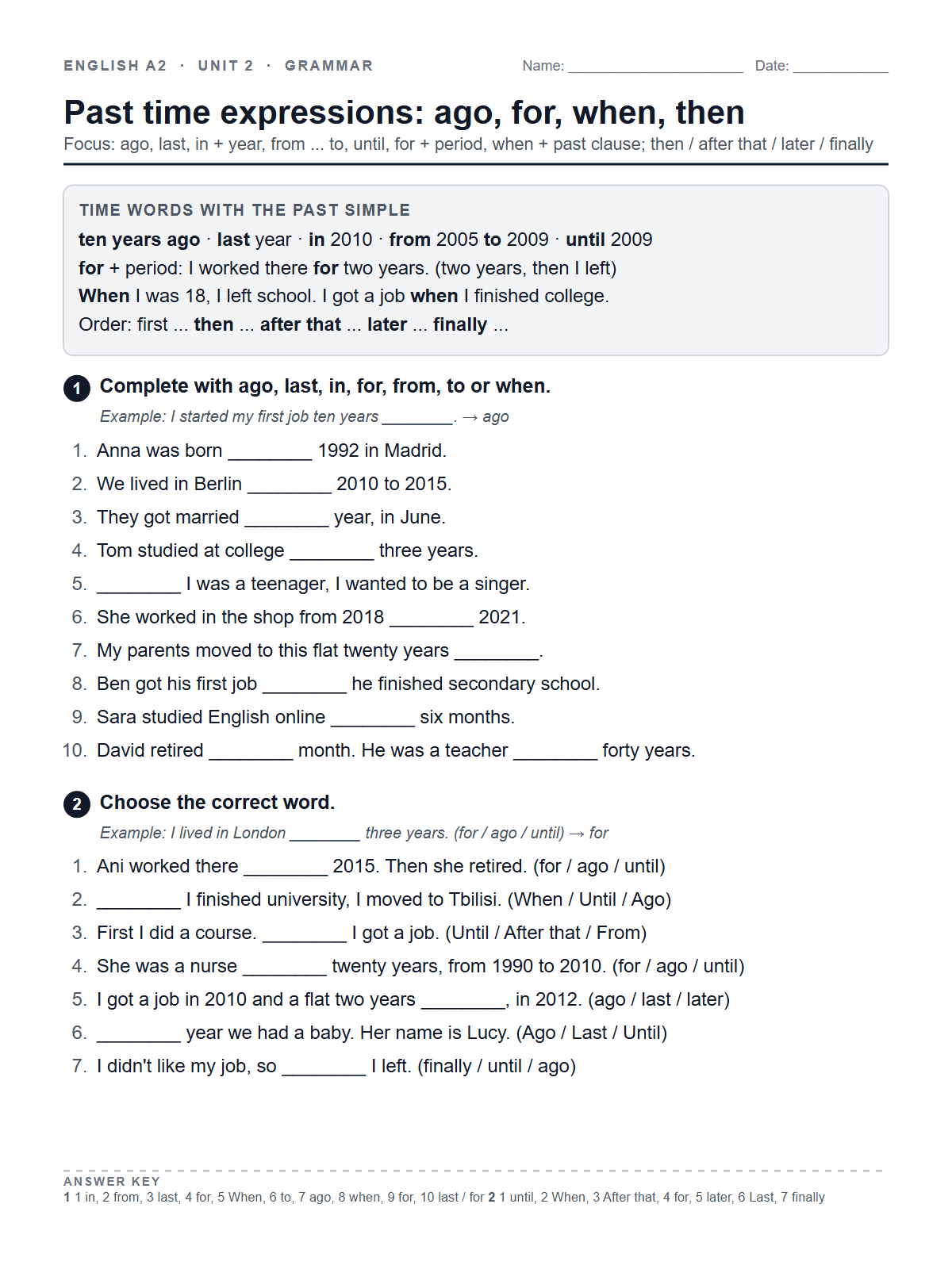 Past time expressions: ago, for, when, then — printable worksheet