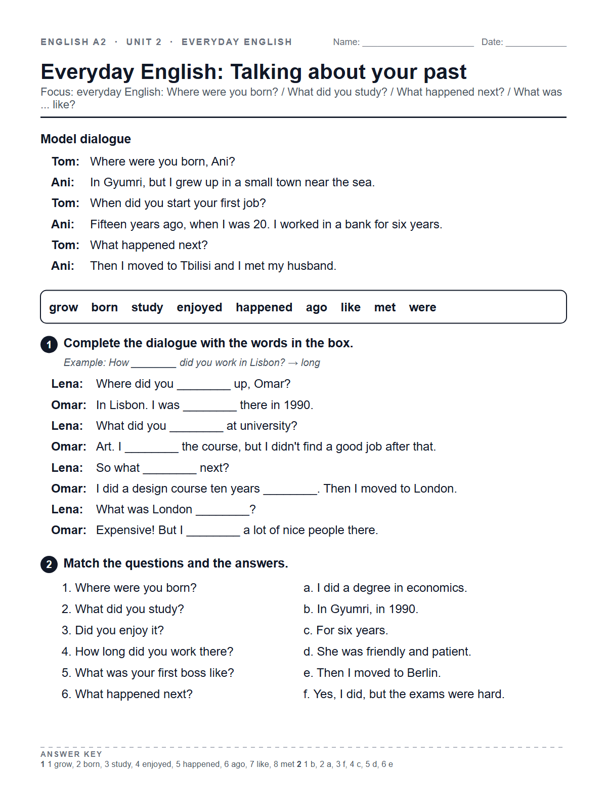 Everyday English: Talking about your past — printable worksheet