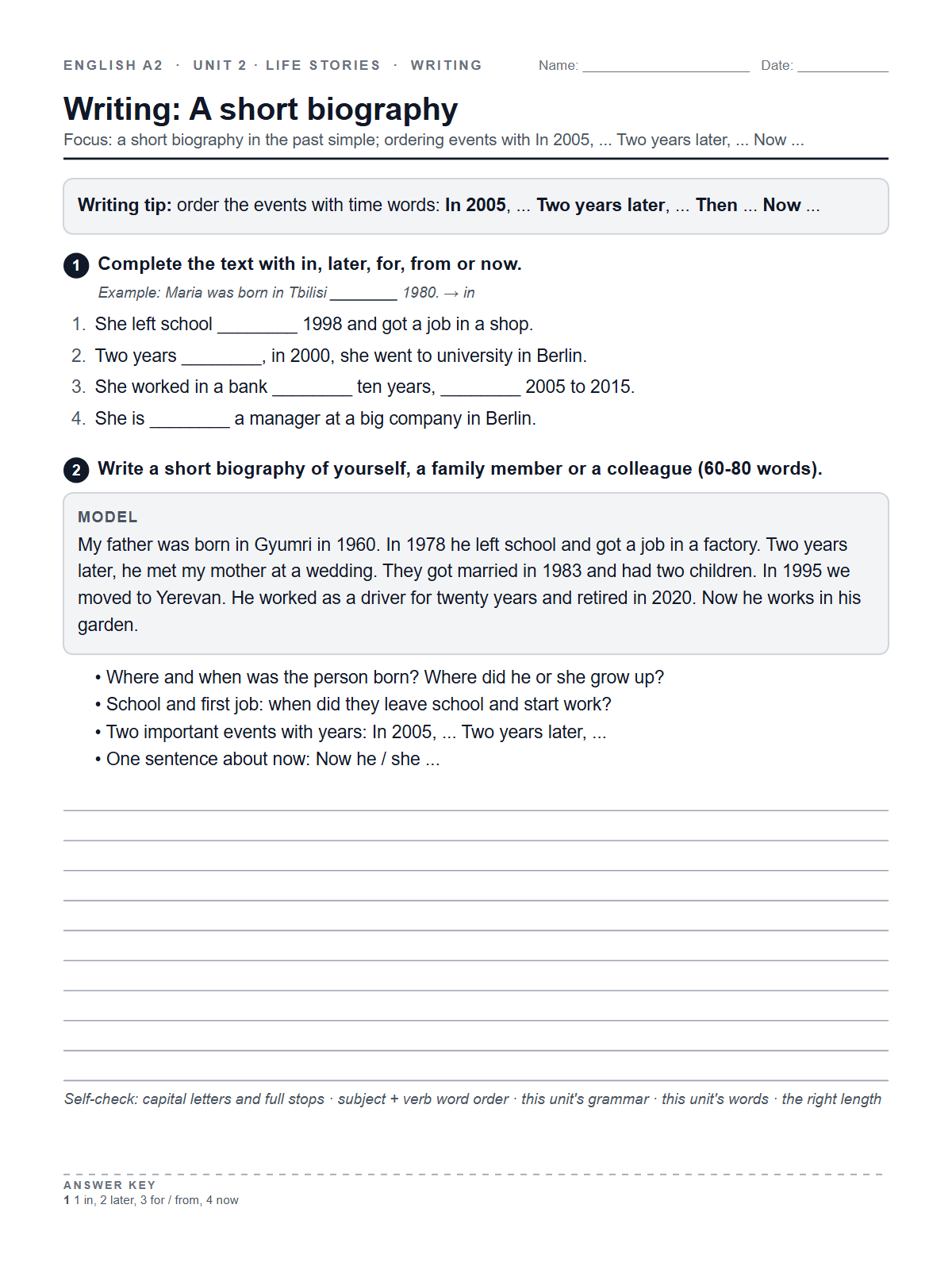 Writing: A short biography — printable worksheet