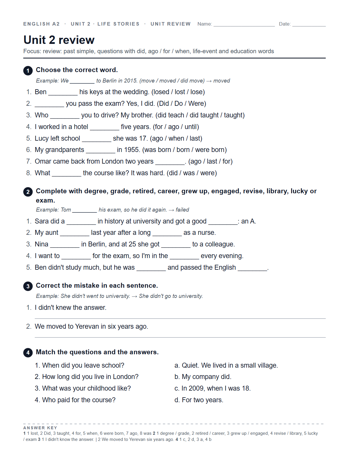 Unit 2 review — printable worksheet