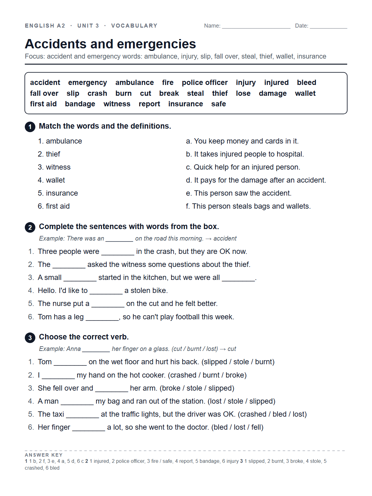 Accidents and emergencies — printable worksheet