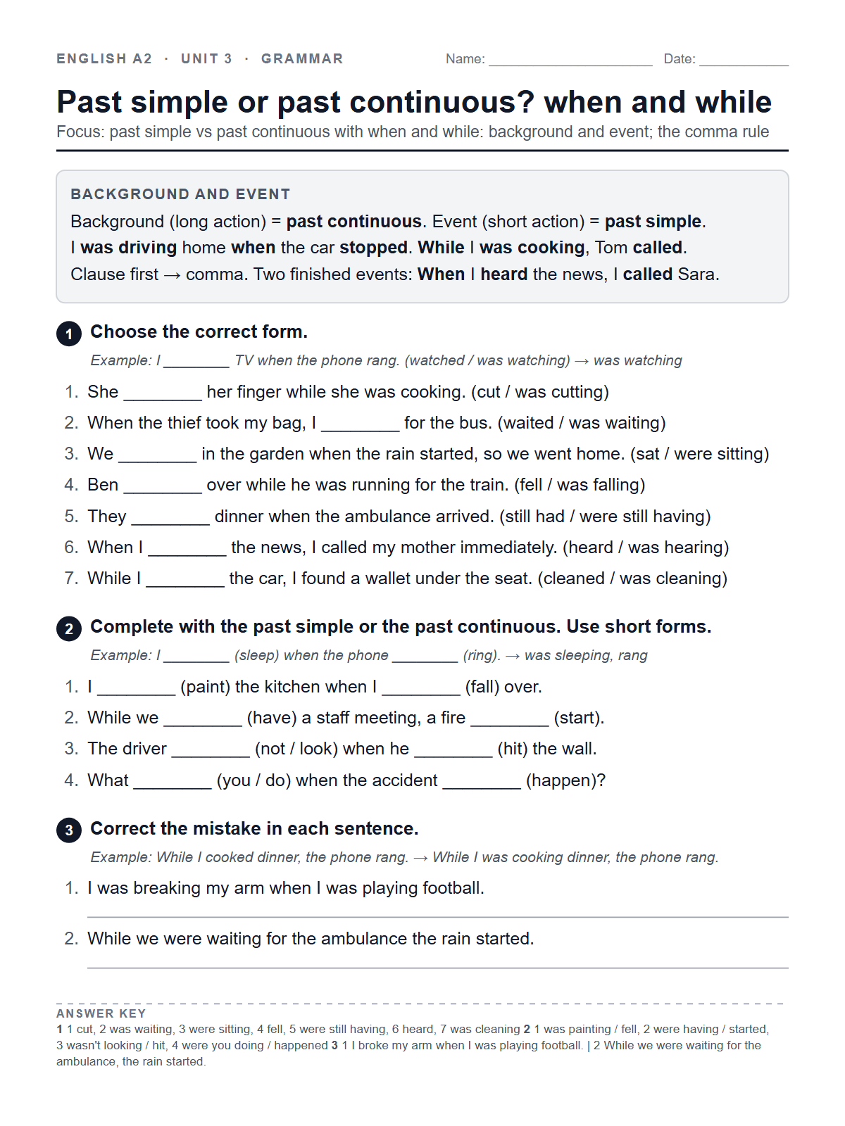 Past simple or past continuous? when and while — printable worksheet