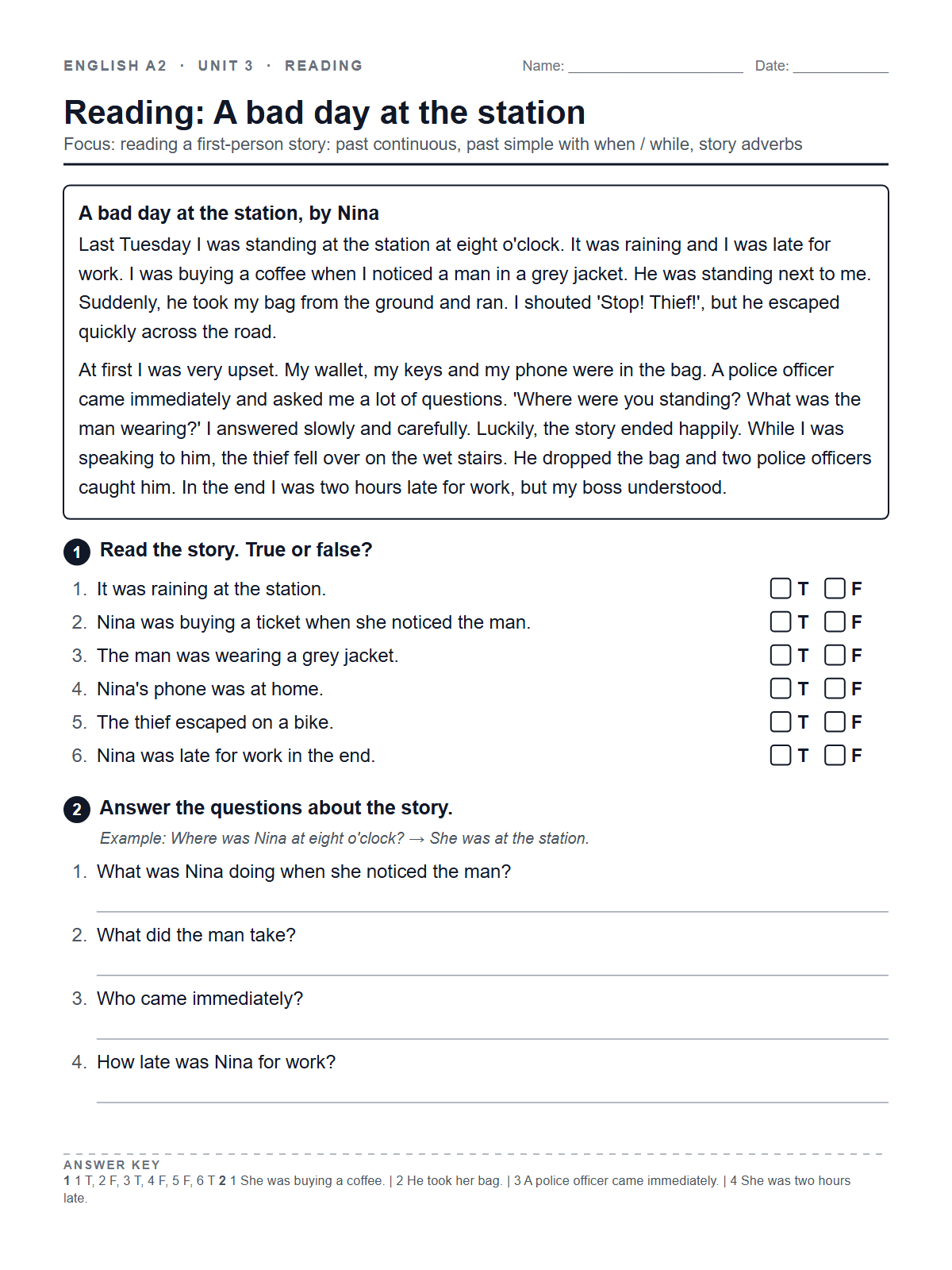 Reading: A bad day at the station — printable worksheet