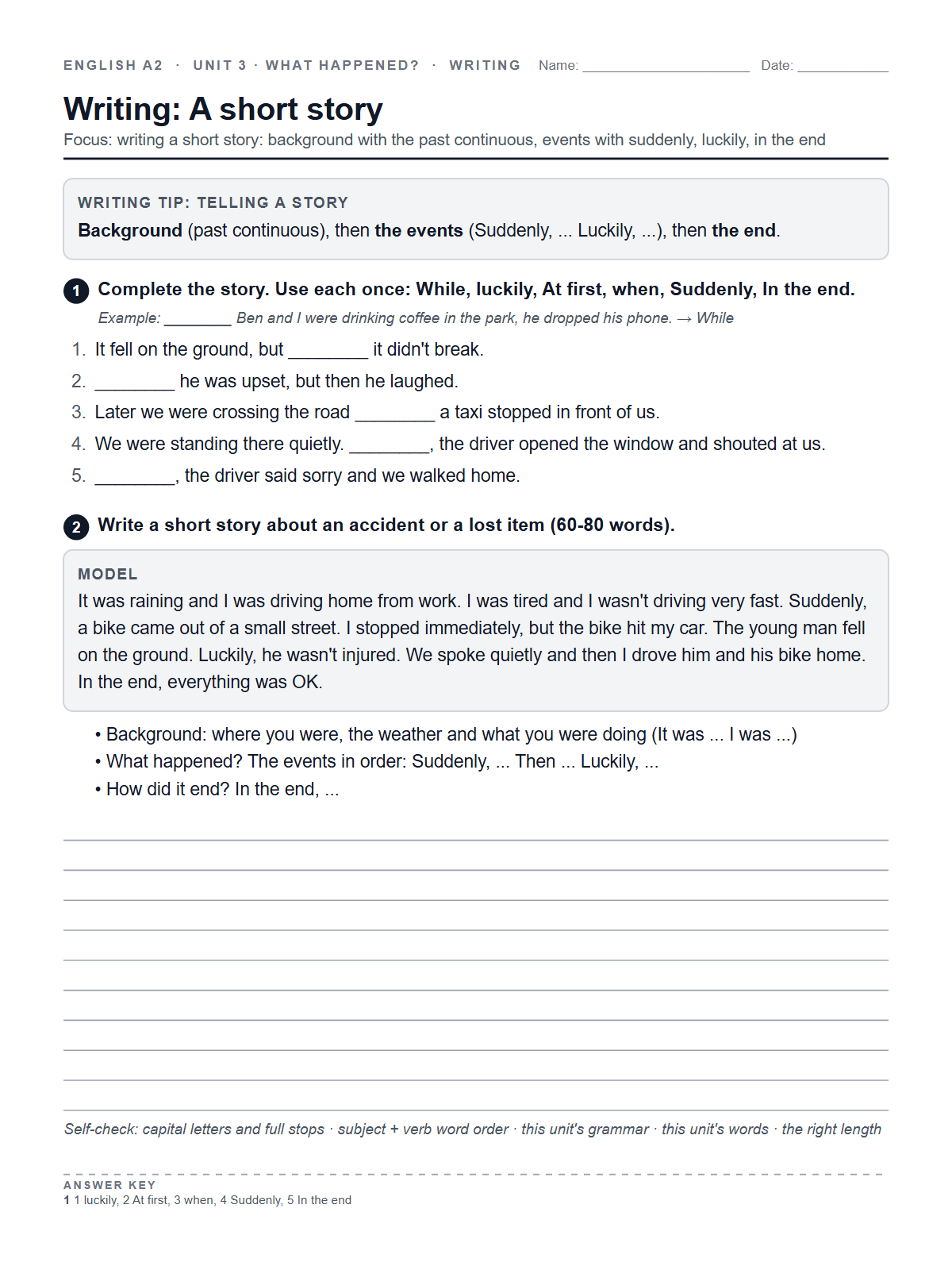 Writing: A short story — printable worksheet