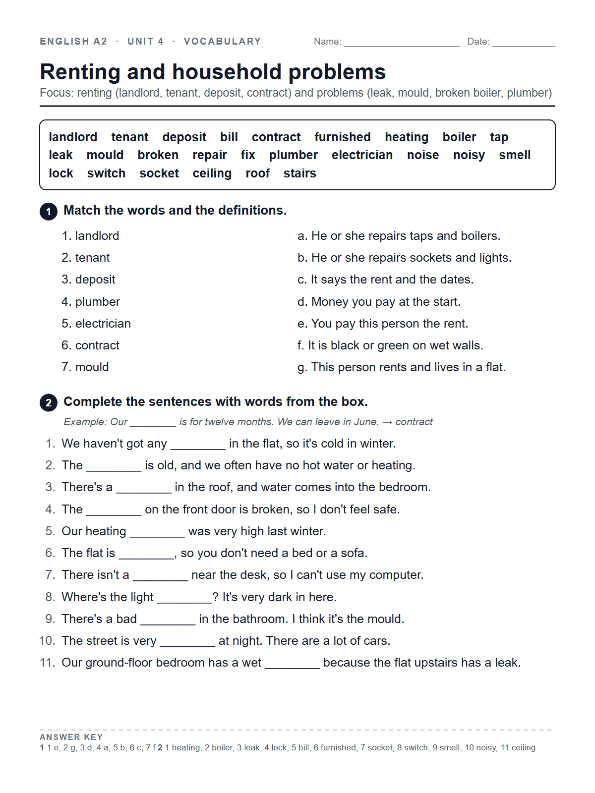 Renting and household problems — printable worksheet
