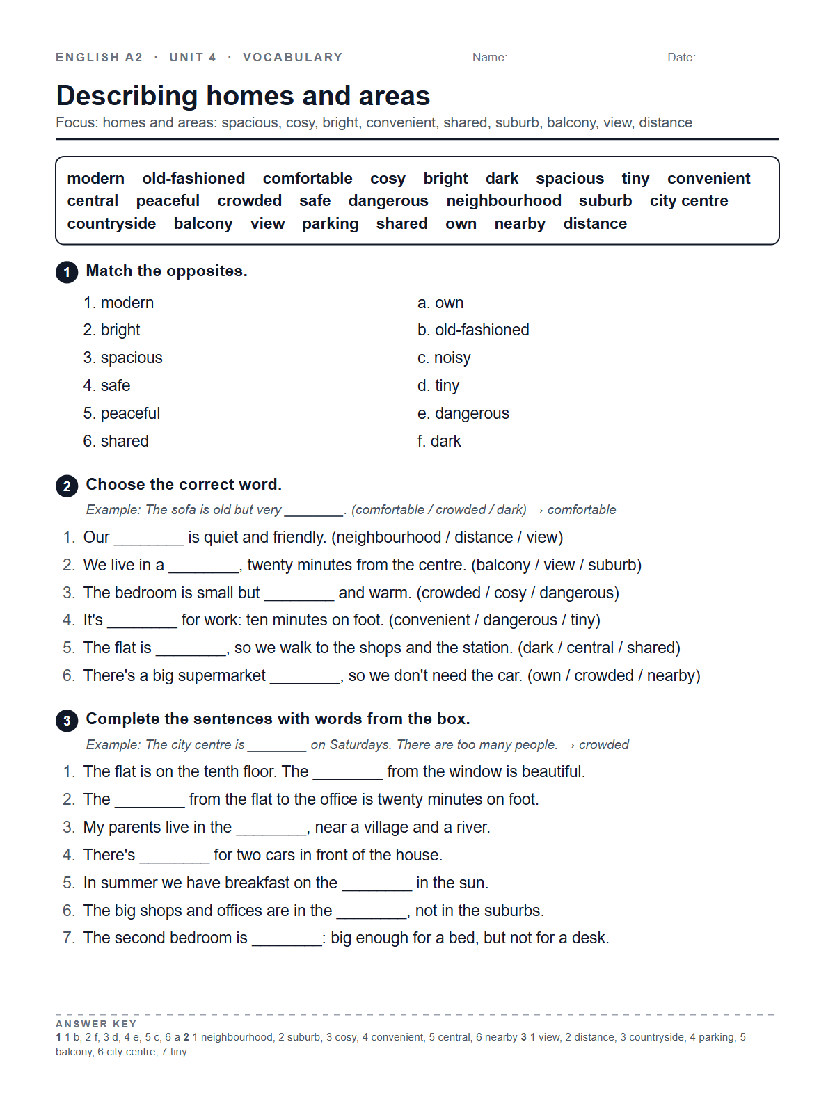 Describing homes and areas — printable worksheet