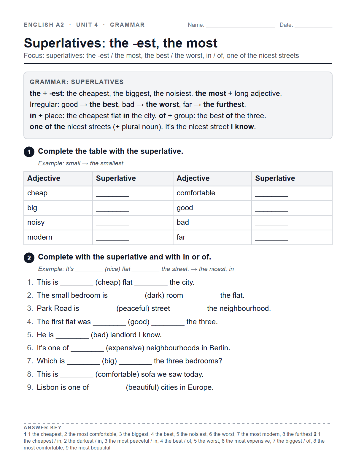 Superlatives: the -est, the most — printable worksheet