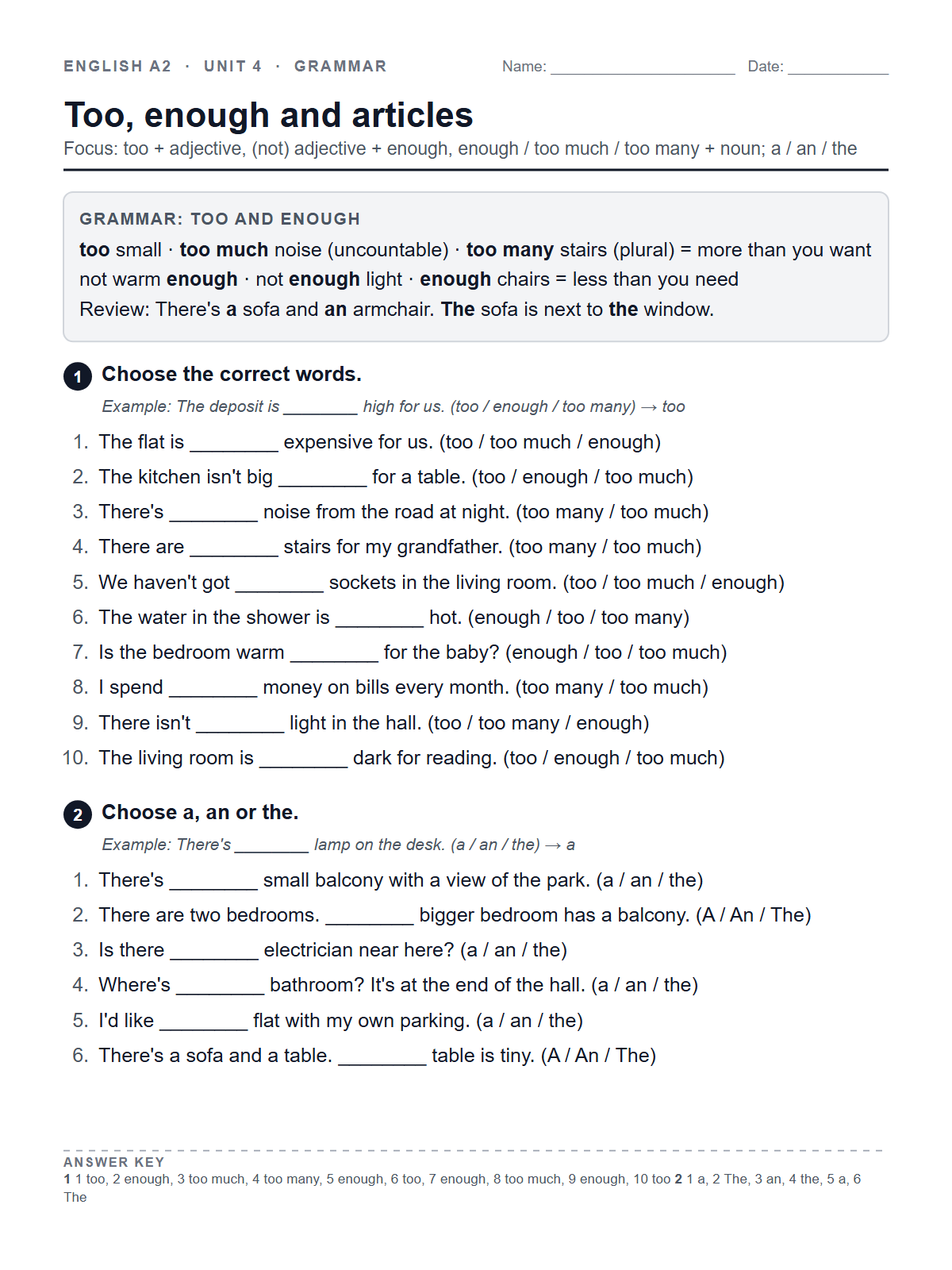 Too, enough and articles — printable worksheet