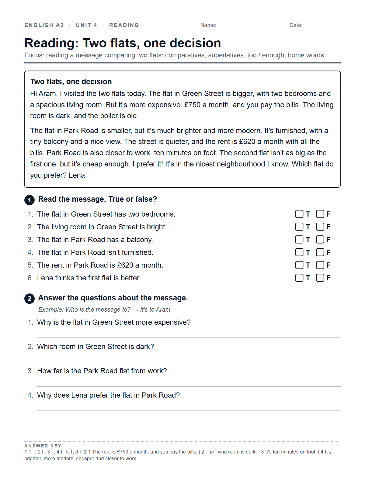 Reading: Two flats, one decision — printable worksheet