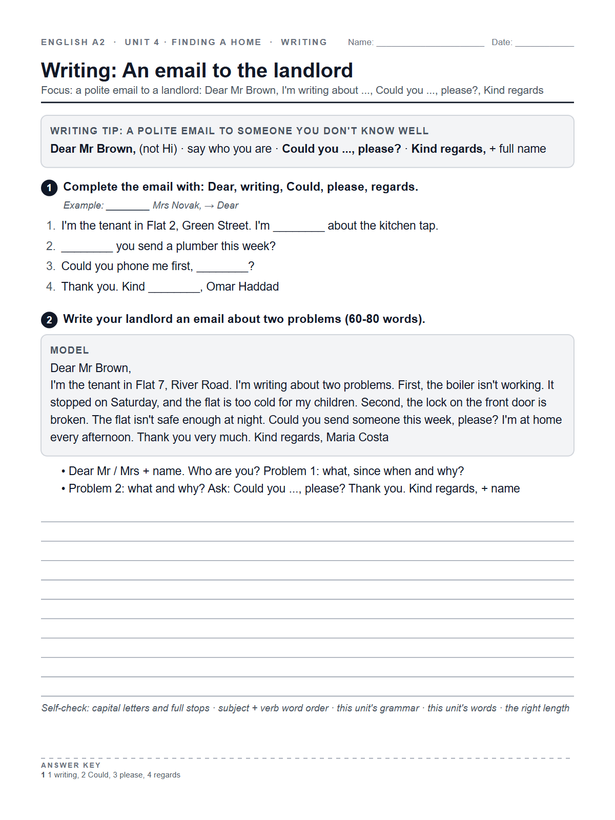 Writing: An email to the landlord — printable worksheet