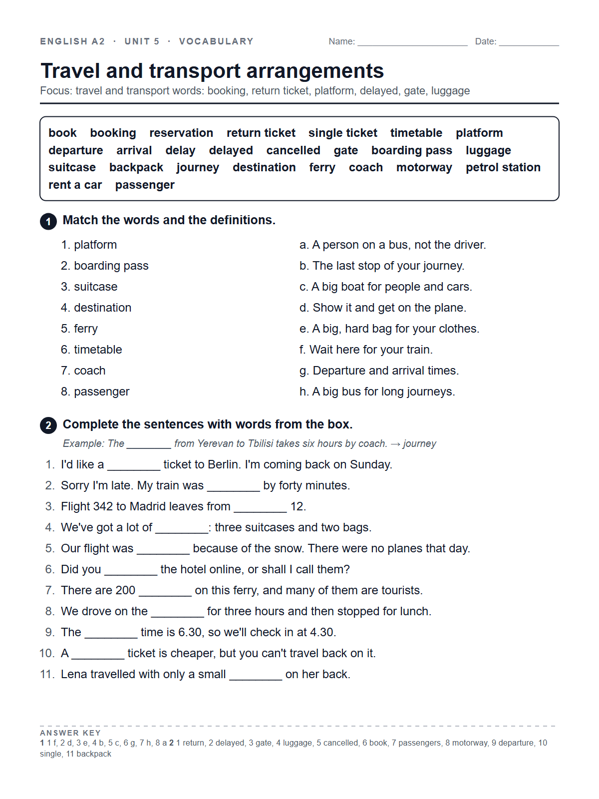 Travel and transport arrangements — printable worksheet