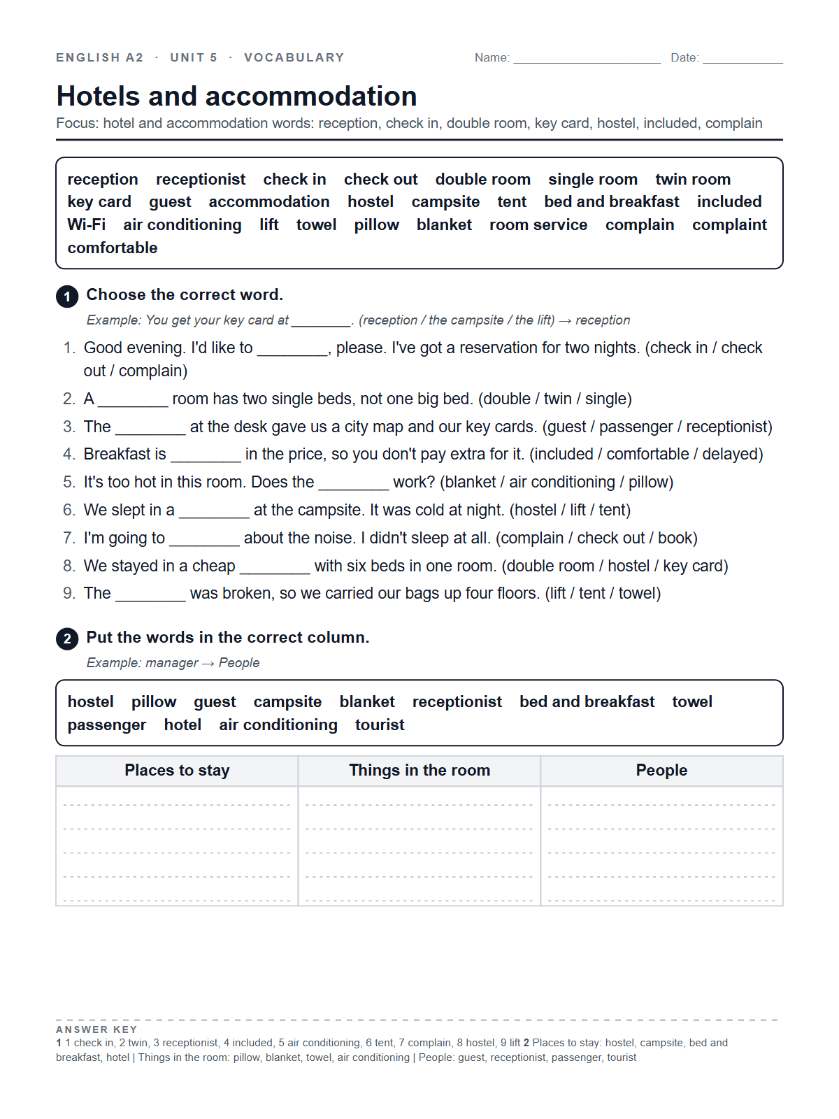 Hotels and accommodation — printable worksheet