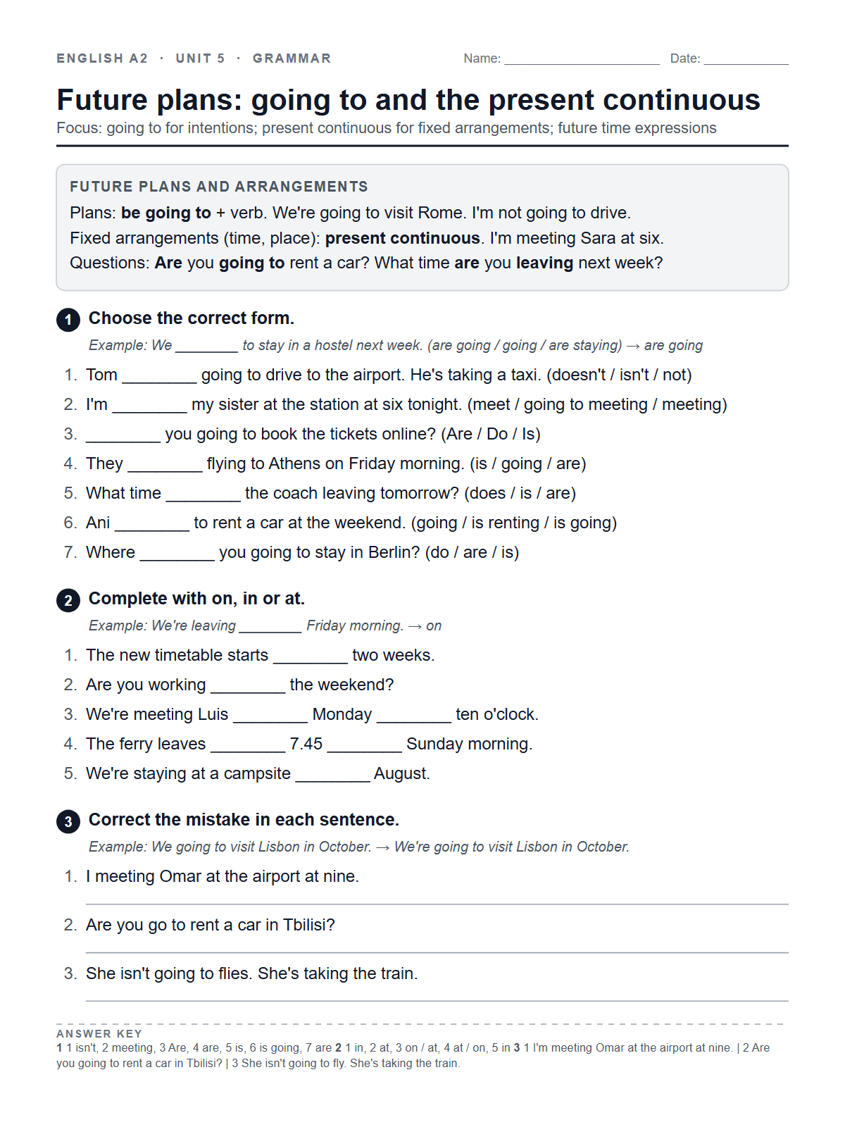 Future plans: going to and the present continuous — printable worksheet