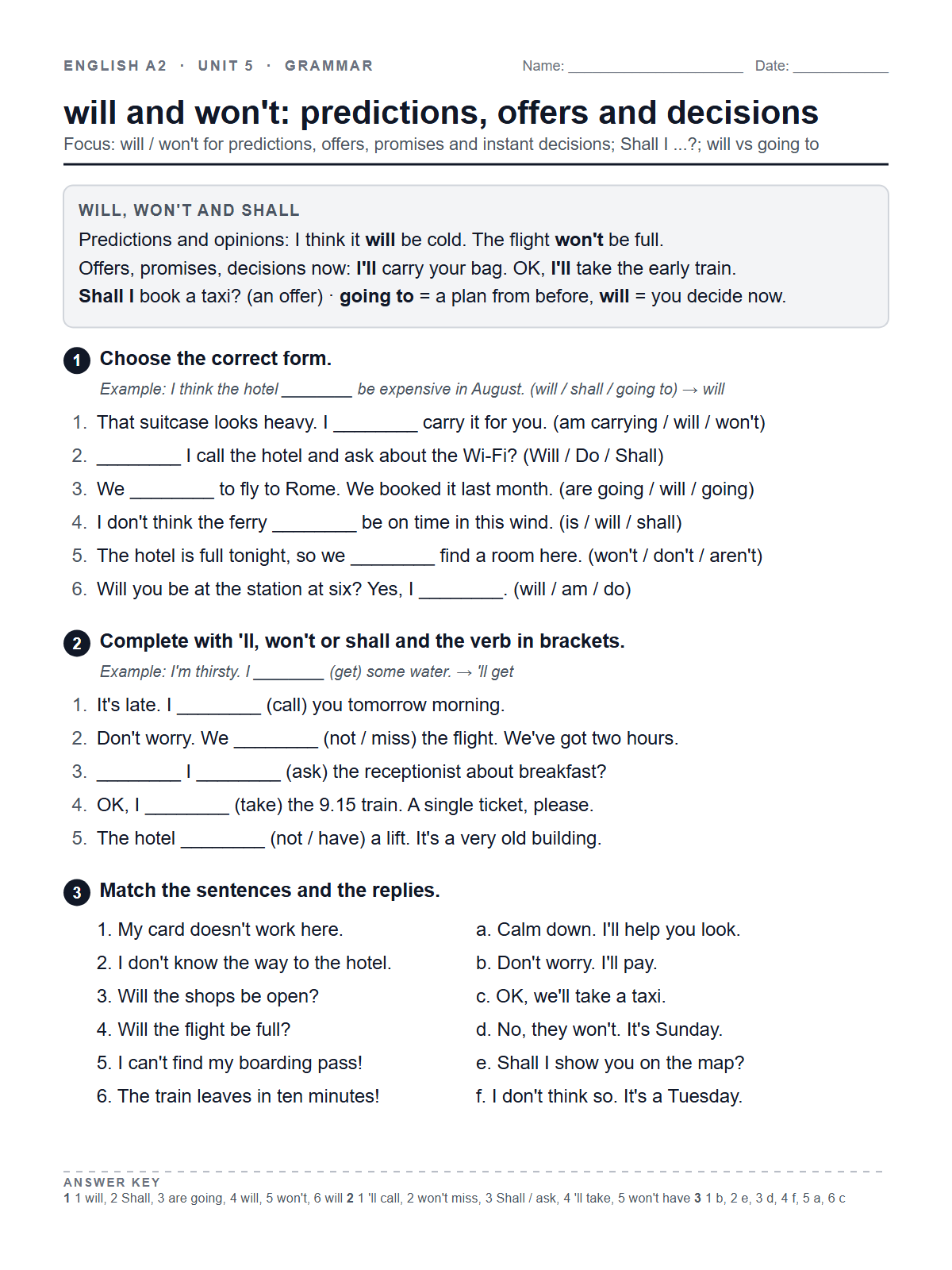will and won't: predictions, offers and decisions — printable worksheet