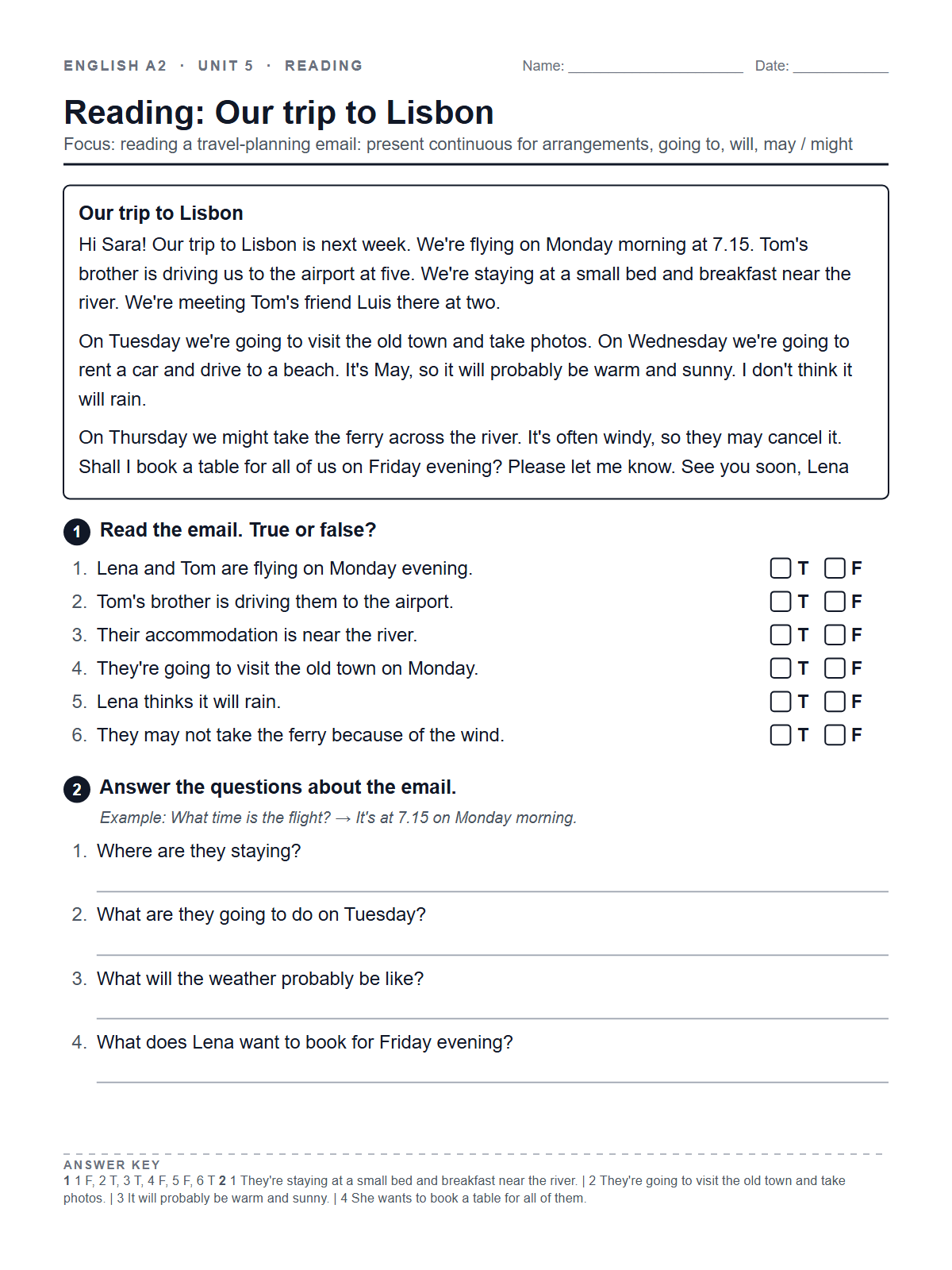 Reading: Our trip to Lisbon — printable worksheet
