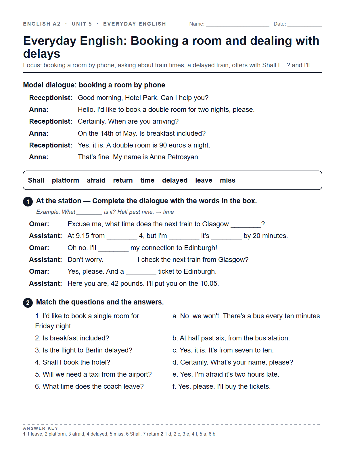Everyday English: Booking a room and dealing with delays — printable worksheet