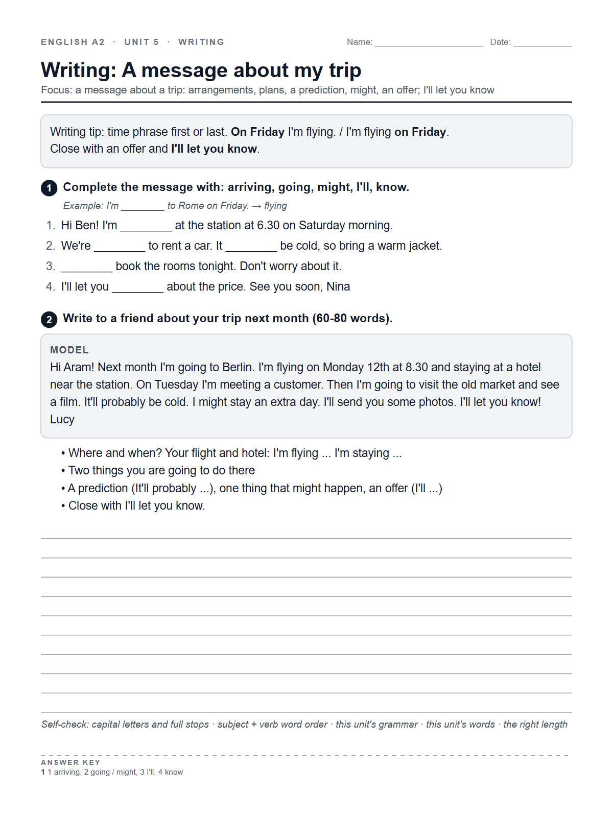 Writing: A message about my trip — printable worksheet