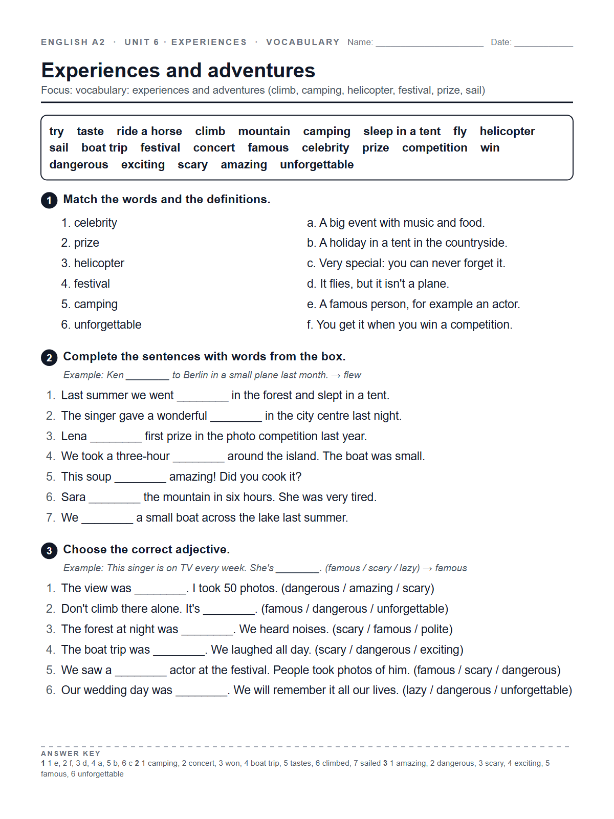 Experiences and adventures — printable worksheet