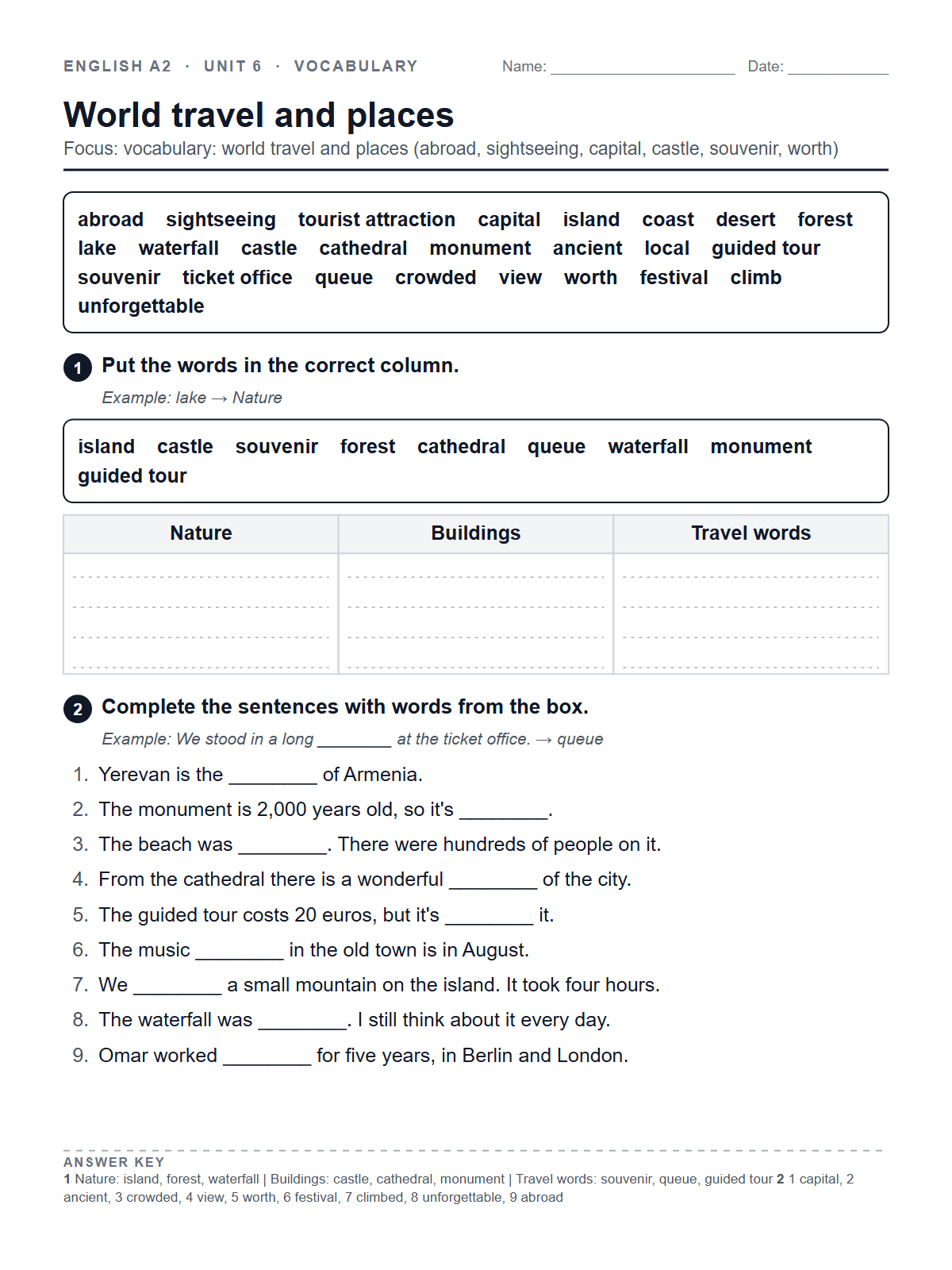 World travel and places — printable worksheet