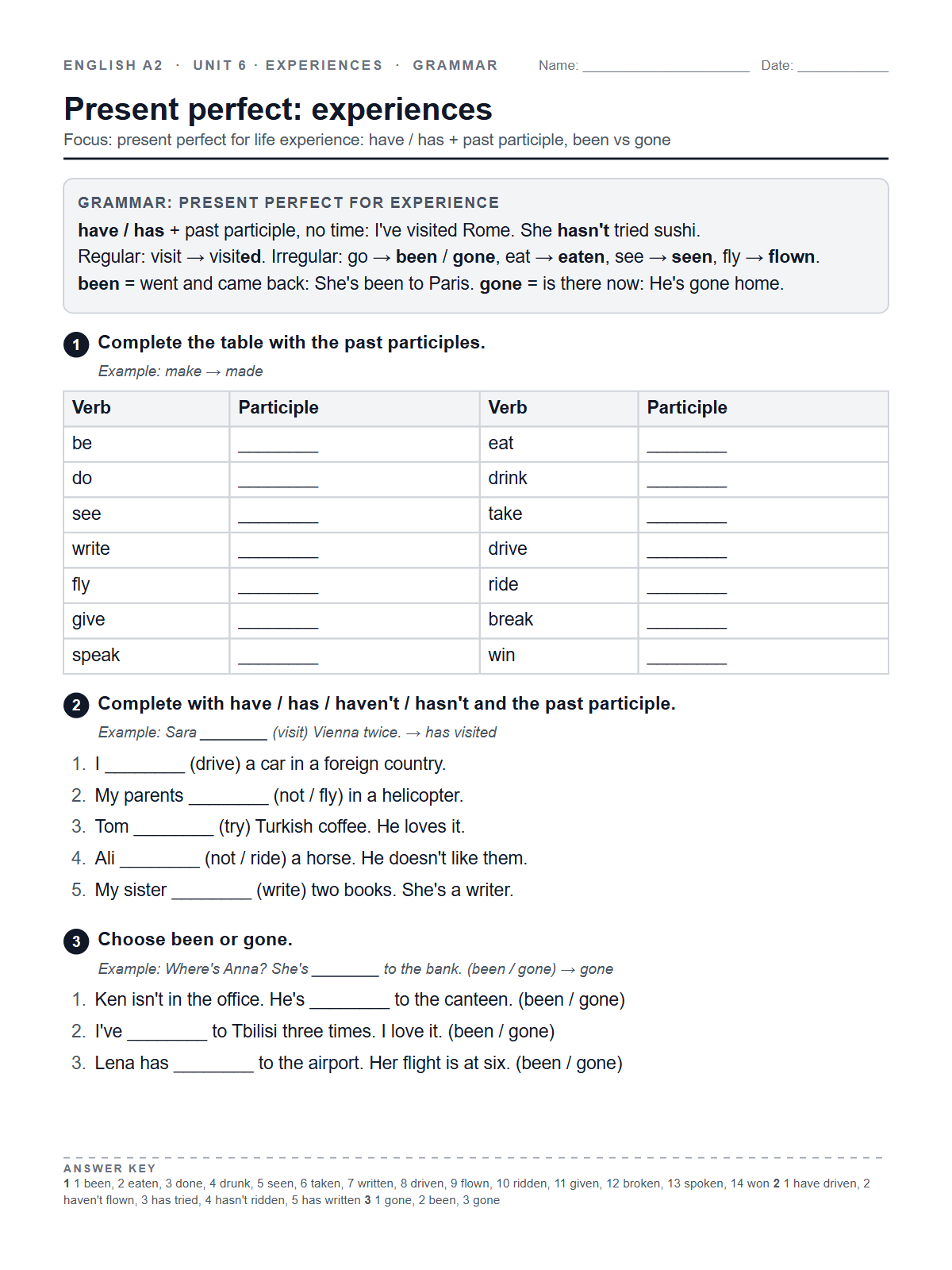 Present perfect: experiences — printable worksheet