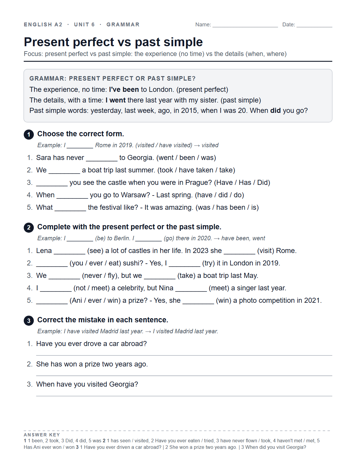 Present perfect vs past simple — printable worksheet