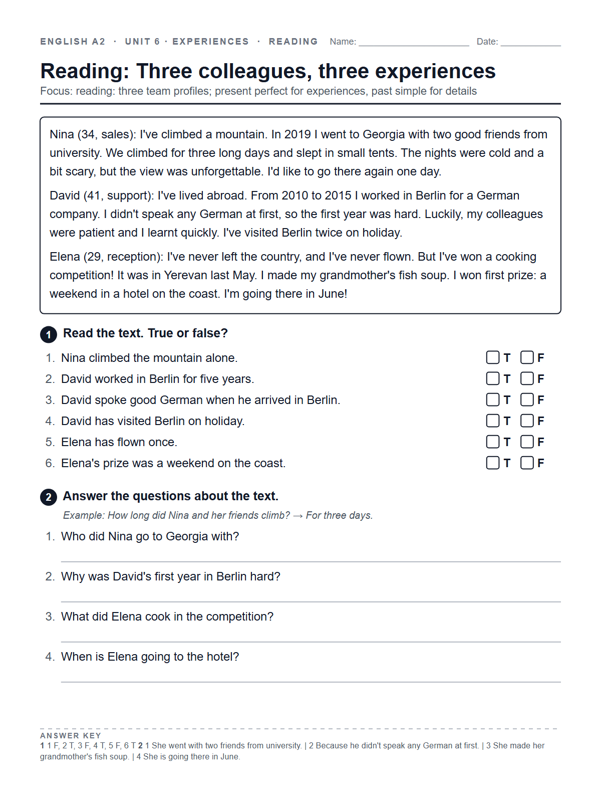 Reading: Three colleagues, three experiences — printable worksheet
