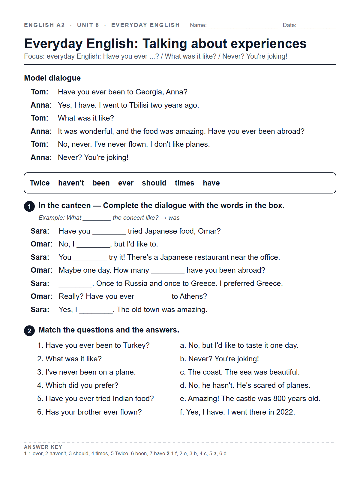 Everyday English: Talking about experiences — printable worksheet