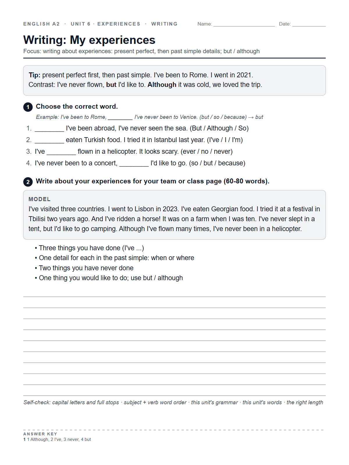 Writing: My experiences — printable worksheet