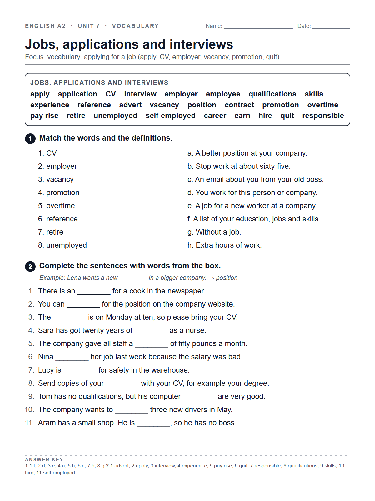 Jobs, applications and interviews — printable worksheet