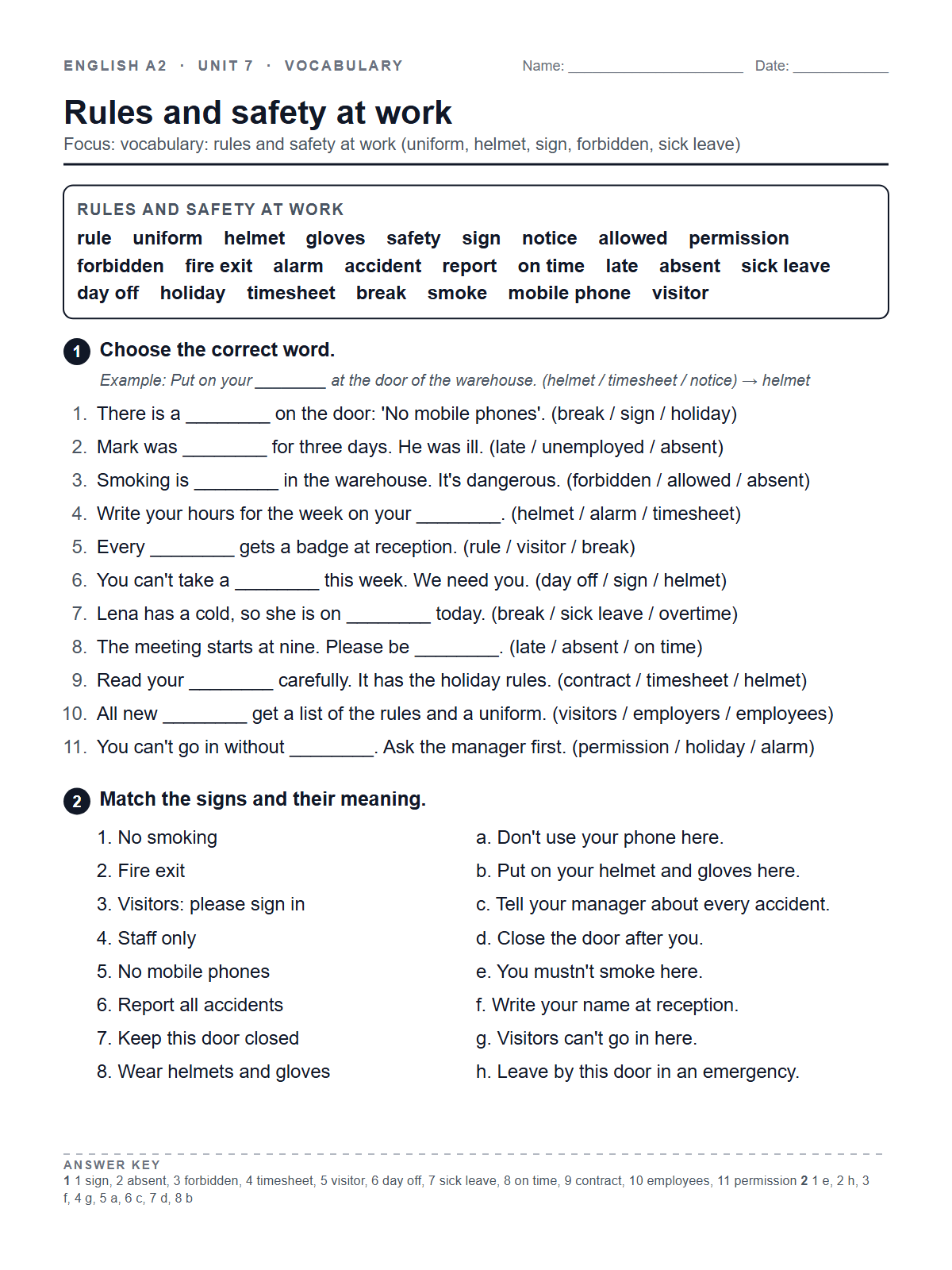 Rules and safety at work — printable worksheet