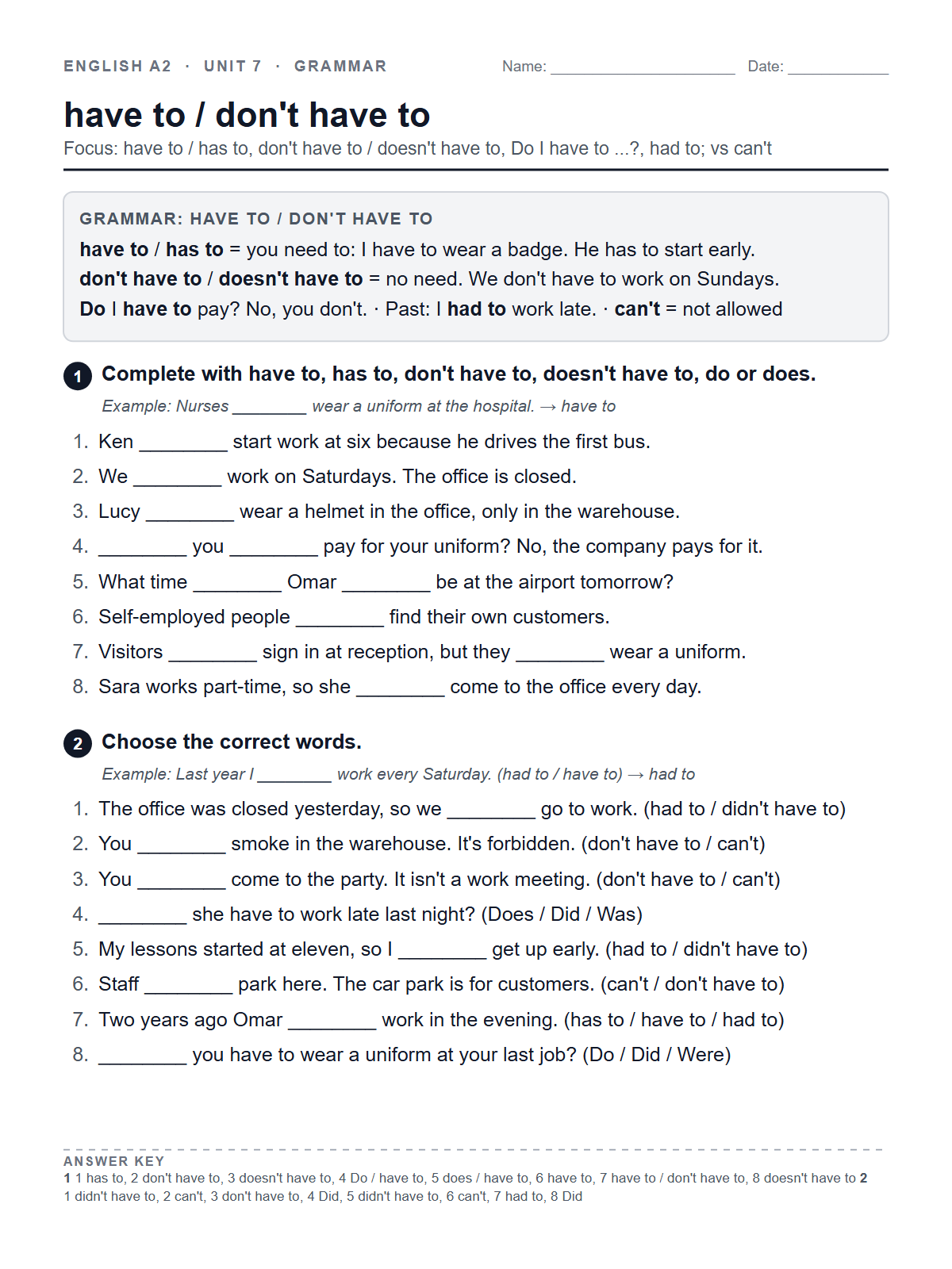 have to / don't have to — printable worksheet
