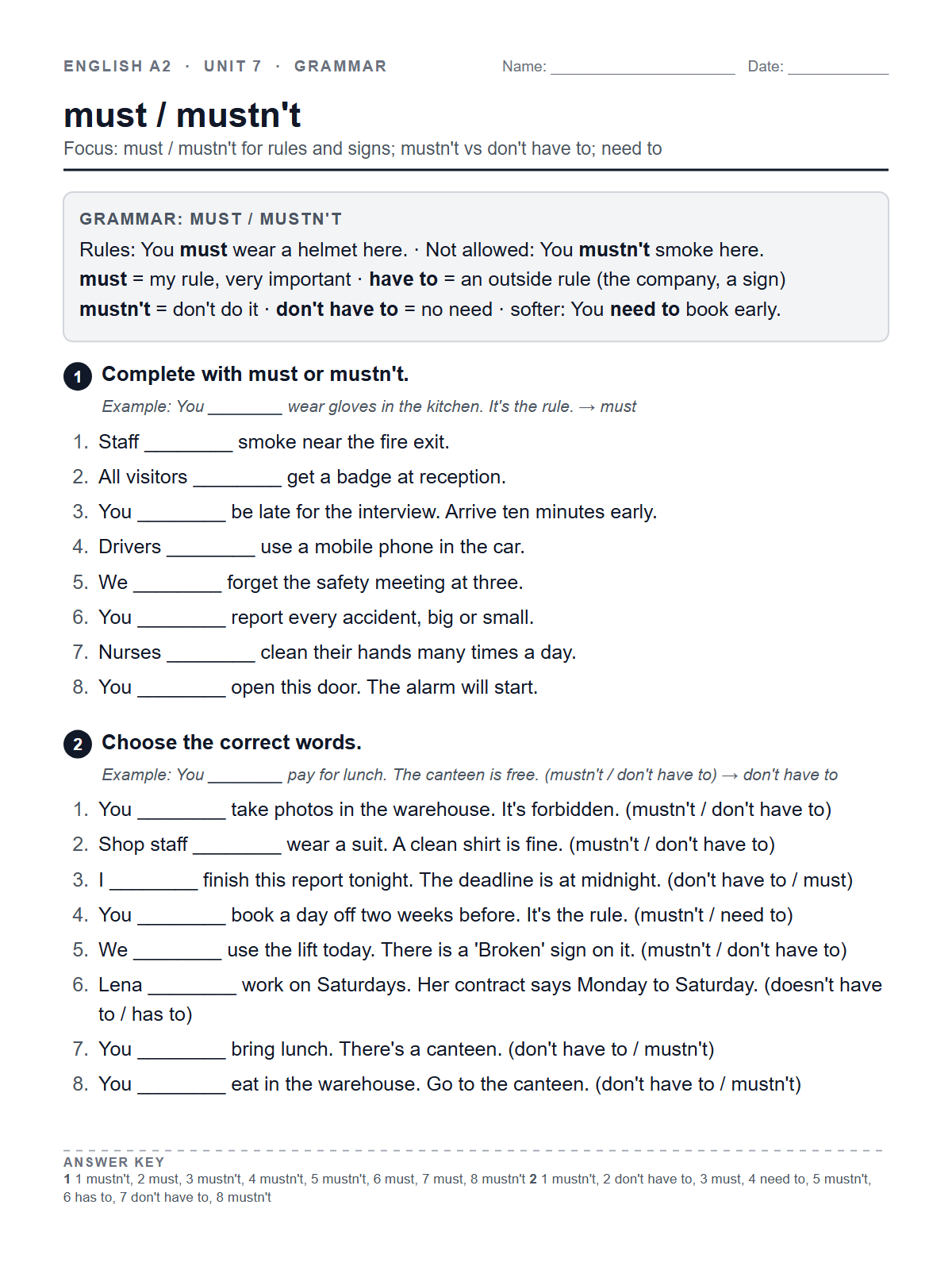 must / mustn't — printable worksheet