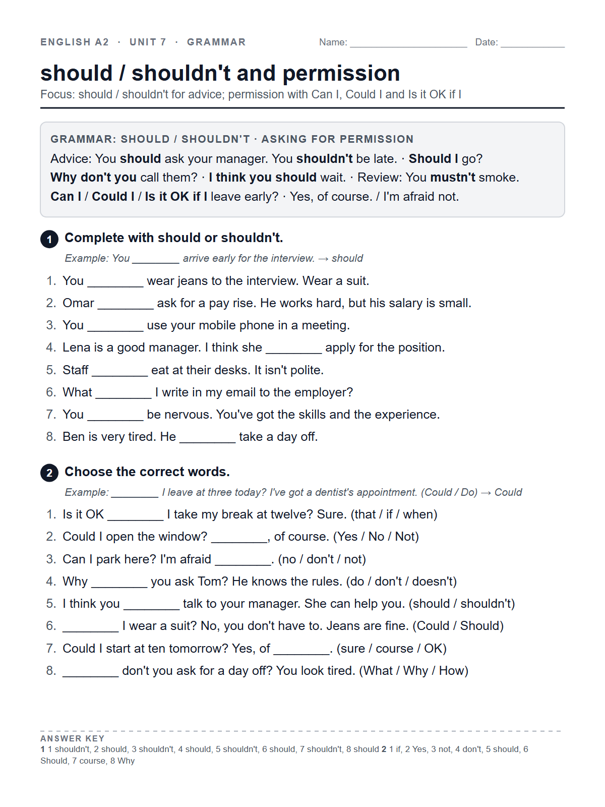 should / shouldn't and permission — printable worksheet